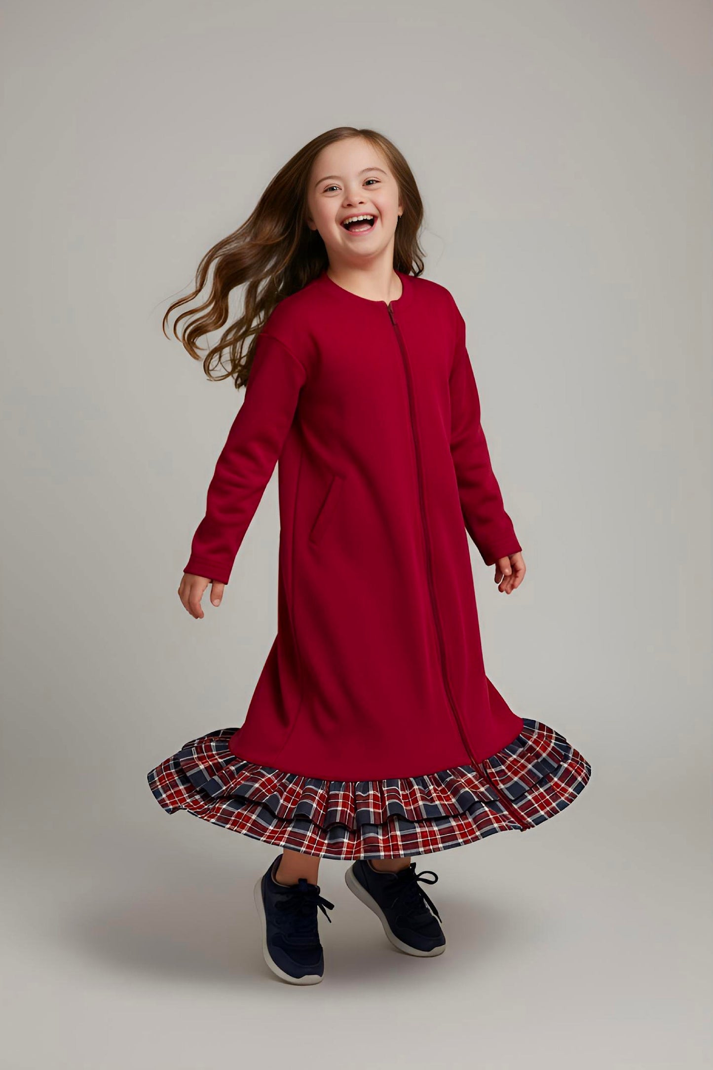 Adaptive Kids Dolman Sweatshirt Dress with full Zipper & Contrast Frills