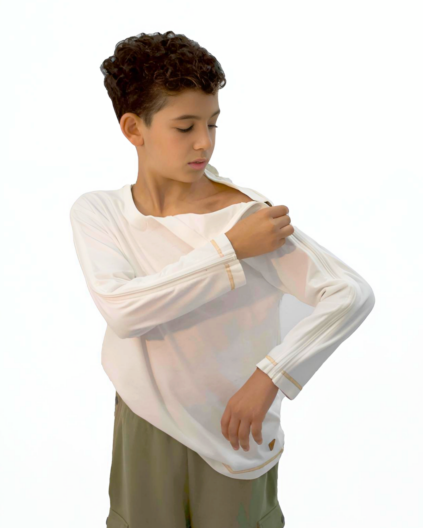 Adaptive Kids Long Sleeve V-Neck Top: Full Shoulder Zipper for Easy Undressing