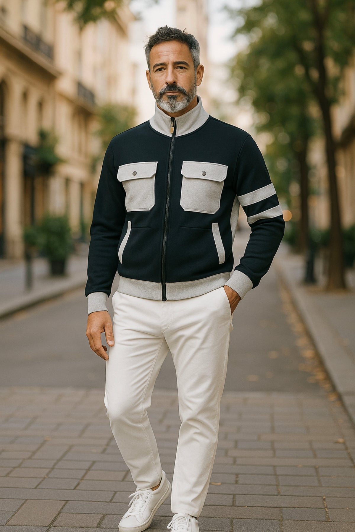 Men’s Adaptive Clothing Sweatshirt Magnetic Zipper Jacket, Collar & Cargo Pocket, Inside Chest Pocket Ring for Passing a Medical Tube