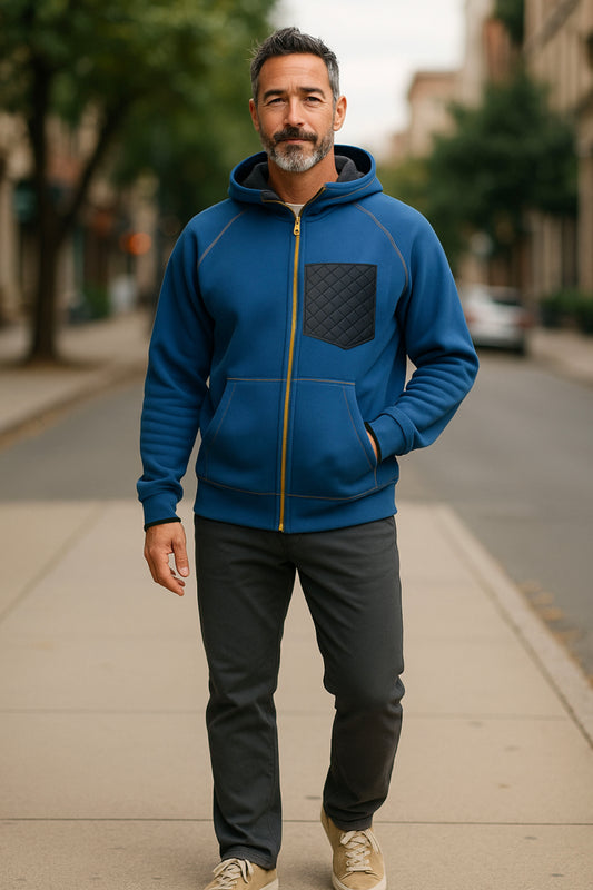 Men’s Adaptive Clothing Hooded Polar Fabric Jacket, Magnetic Zipper, Cargo Pocket, and Chest Pocket with Passing Medical Tubes Easy Undressing