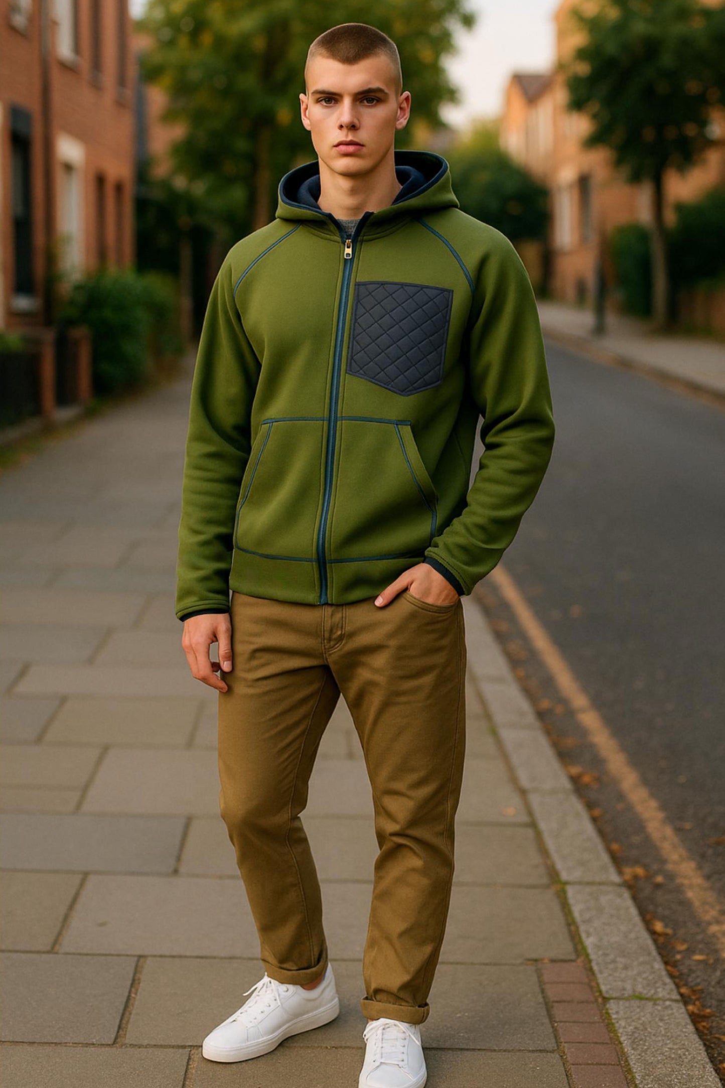 Men’s Adaptive Clothing Hooded Polar Fabric Jacket, Magnetic Zipper, Cargo Pocket, and Chest Pocket with Passing Medical Tubes Easy Undressing