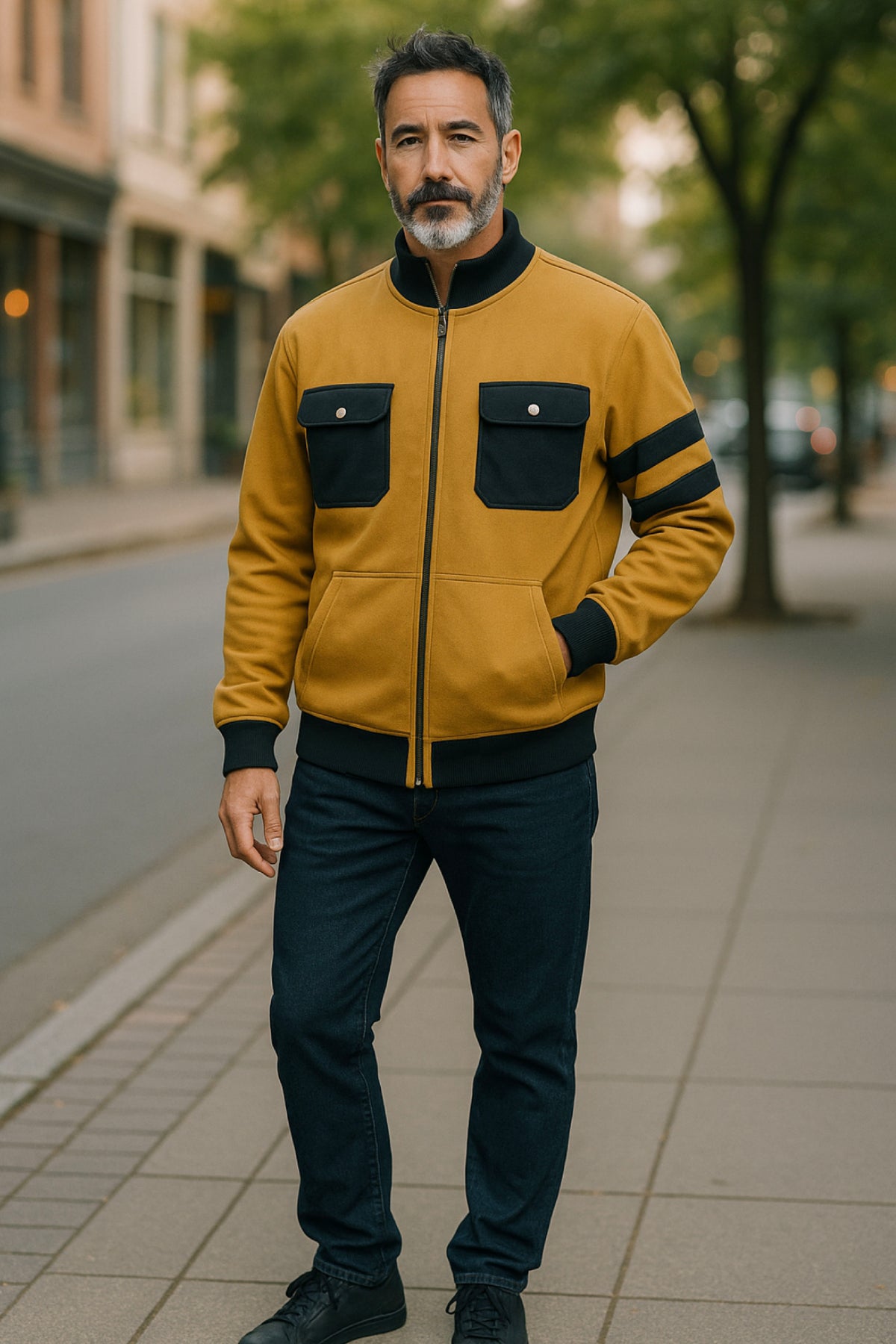 Men’s Adaptive Clothing Sweatshirt Magnetic Zipper Jacket, Collar & Cargo Pocket, Inside Chest Pocket Ring for Passing a Medical Tube