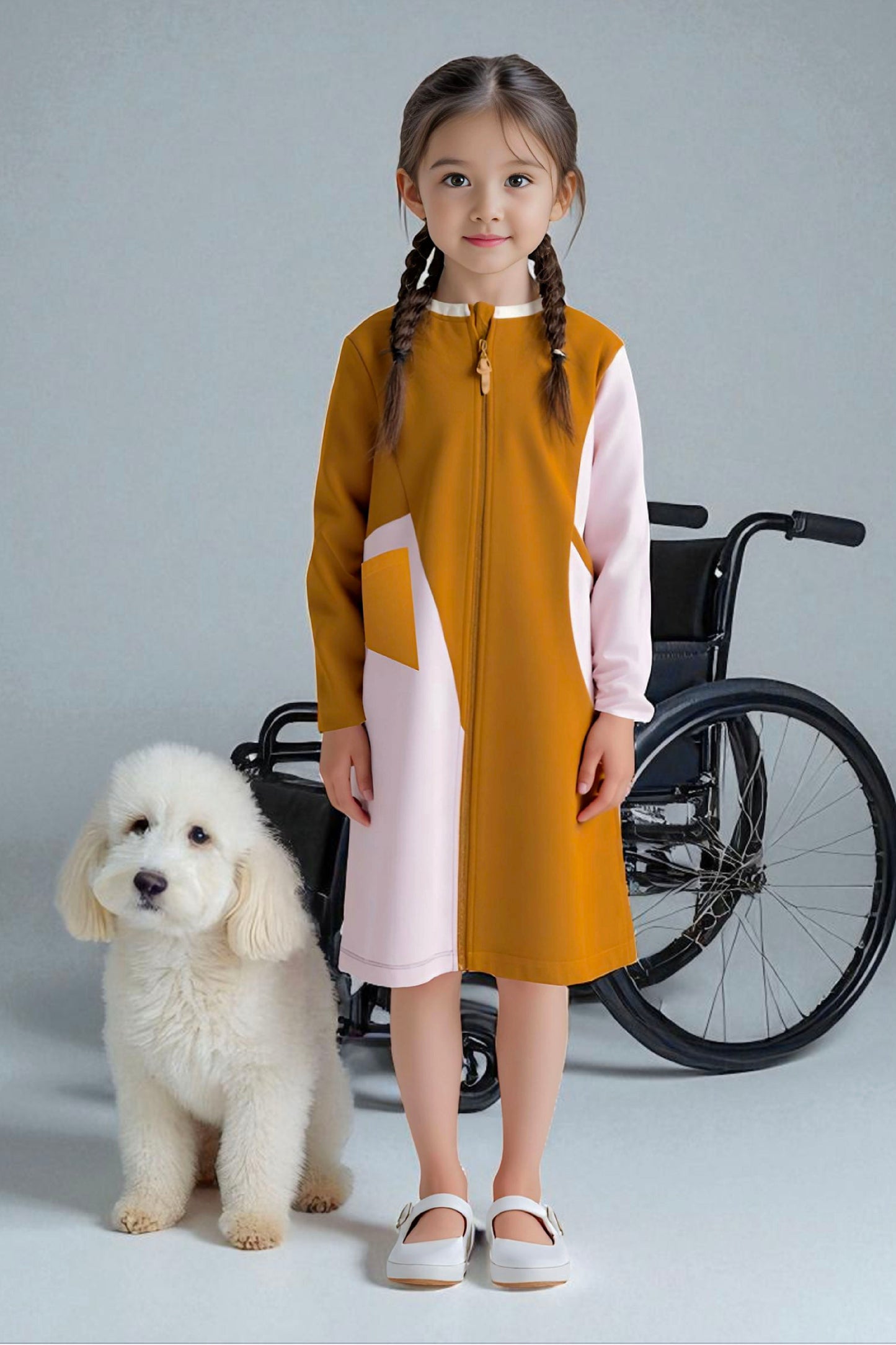 Adaptive Kids Crow Neck Dress with Cargo Pocket & Full Front Zipper for Easy Undressing
