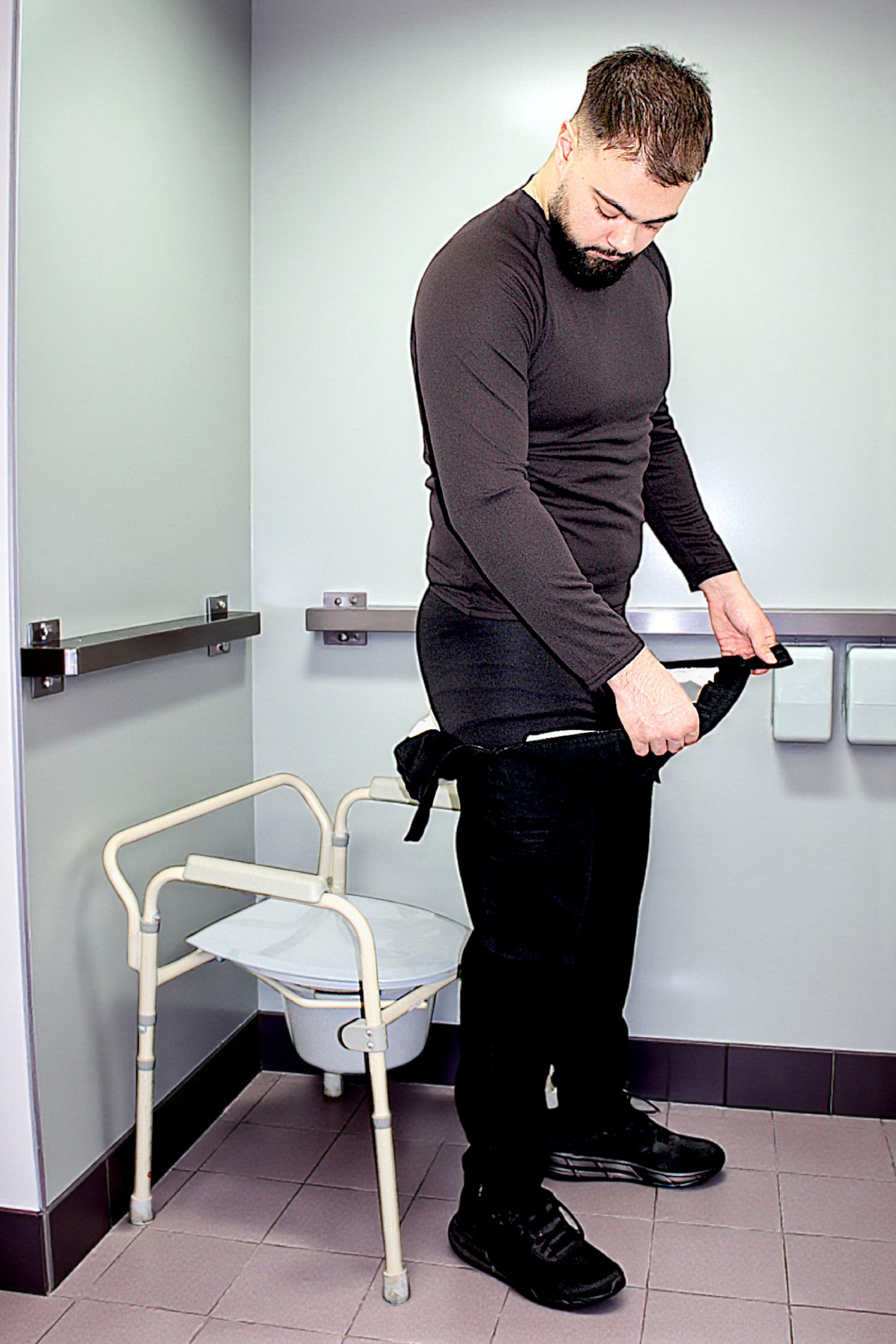 Men's Adaptive Clothing Woven Jogger Pants, Full Waistband Ribbed with Elastic and a Strip, Easy Zipper, Both at the Top and Bottom