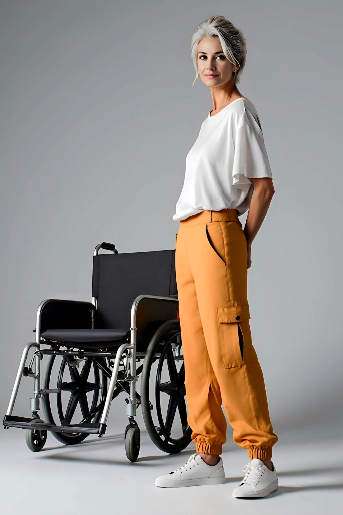 Women's Adaptive Clothing: Stretch Classic Cargo Pocket Pant, Elastic Waistband, Zipper Each Side for Easy Dressing