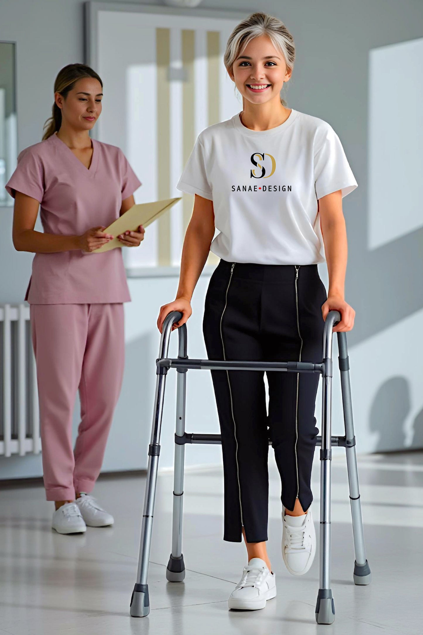 Women's Adaptive Clothing: Stretch Trousers Pant, Waist Elastic, and a Front Full Leg Zip for Easy Undressing