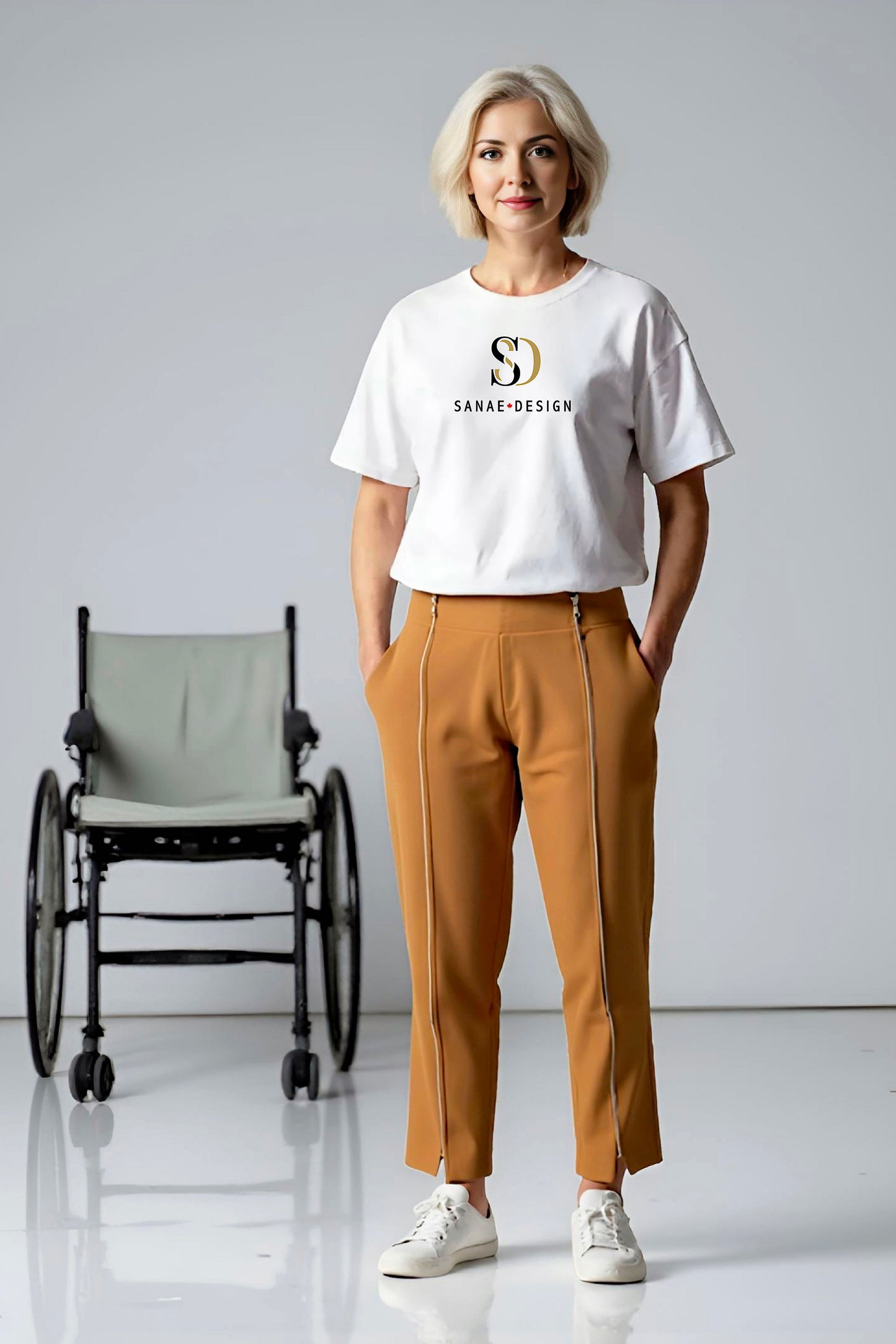 Women's Adaptive Clothing: Stretch Trousers Pant, Waist Elastic, and a Front Full Leg Zip for Easy Undressing