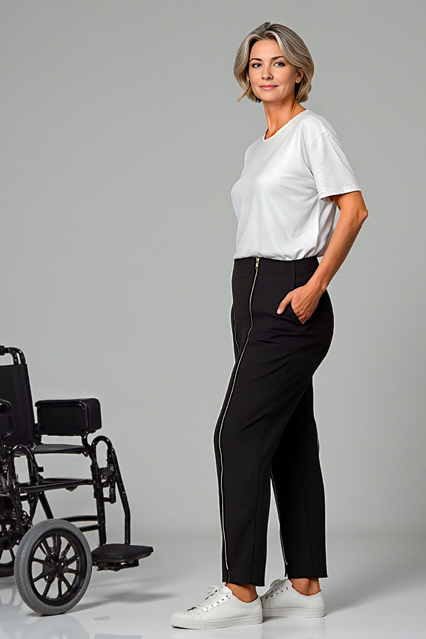 Women's Adaptive Clothing: Stretch Trousers Pant, Waist Elastic, and a Front Full Leg Zip for Easy Undressing