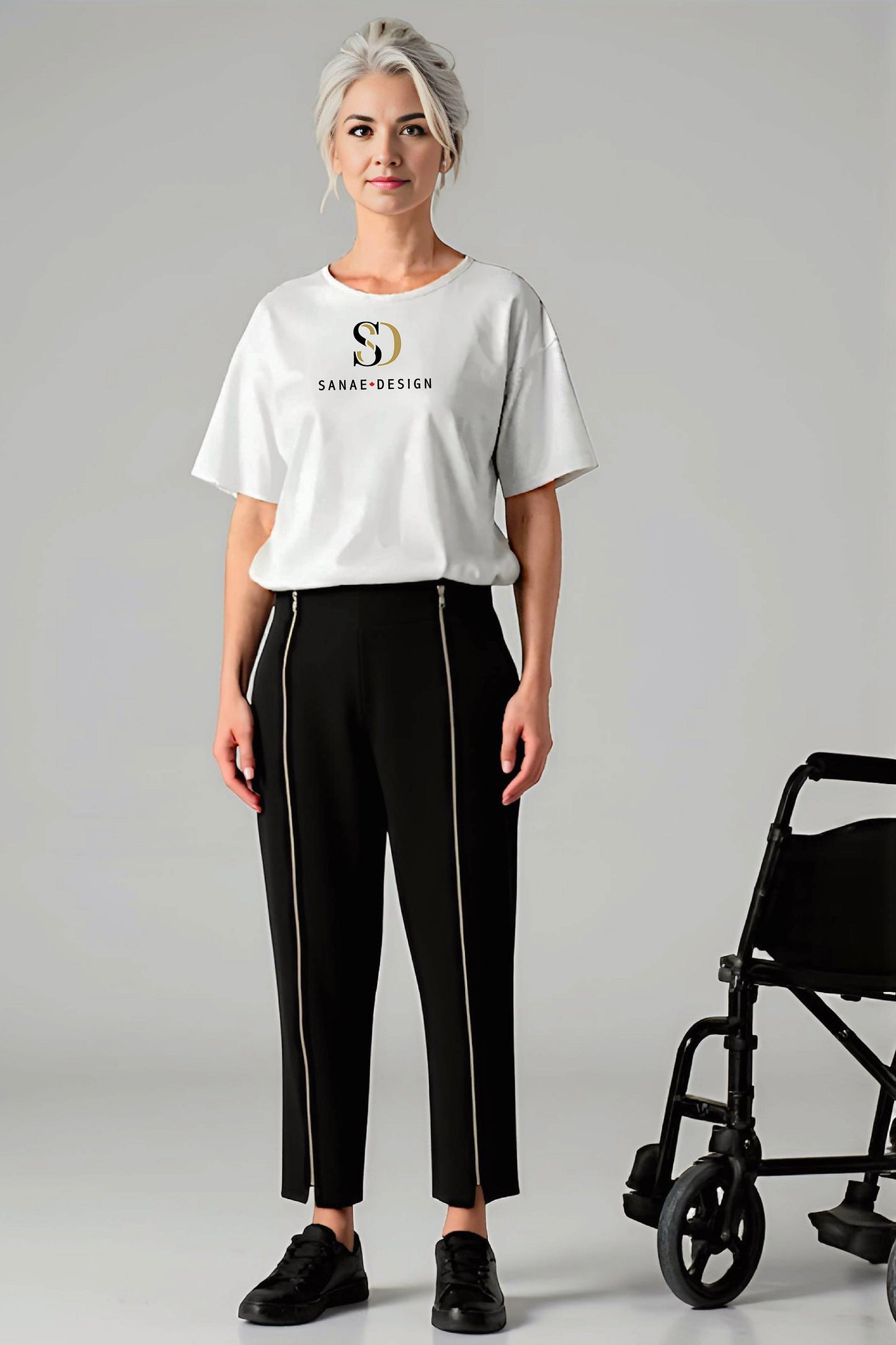 Women's Adaptive Clothing: Stretch Trousers Pant, Waist Elastic, and a Front Full Leg Zip for Easy Undressing