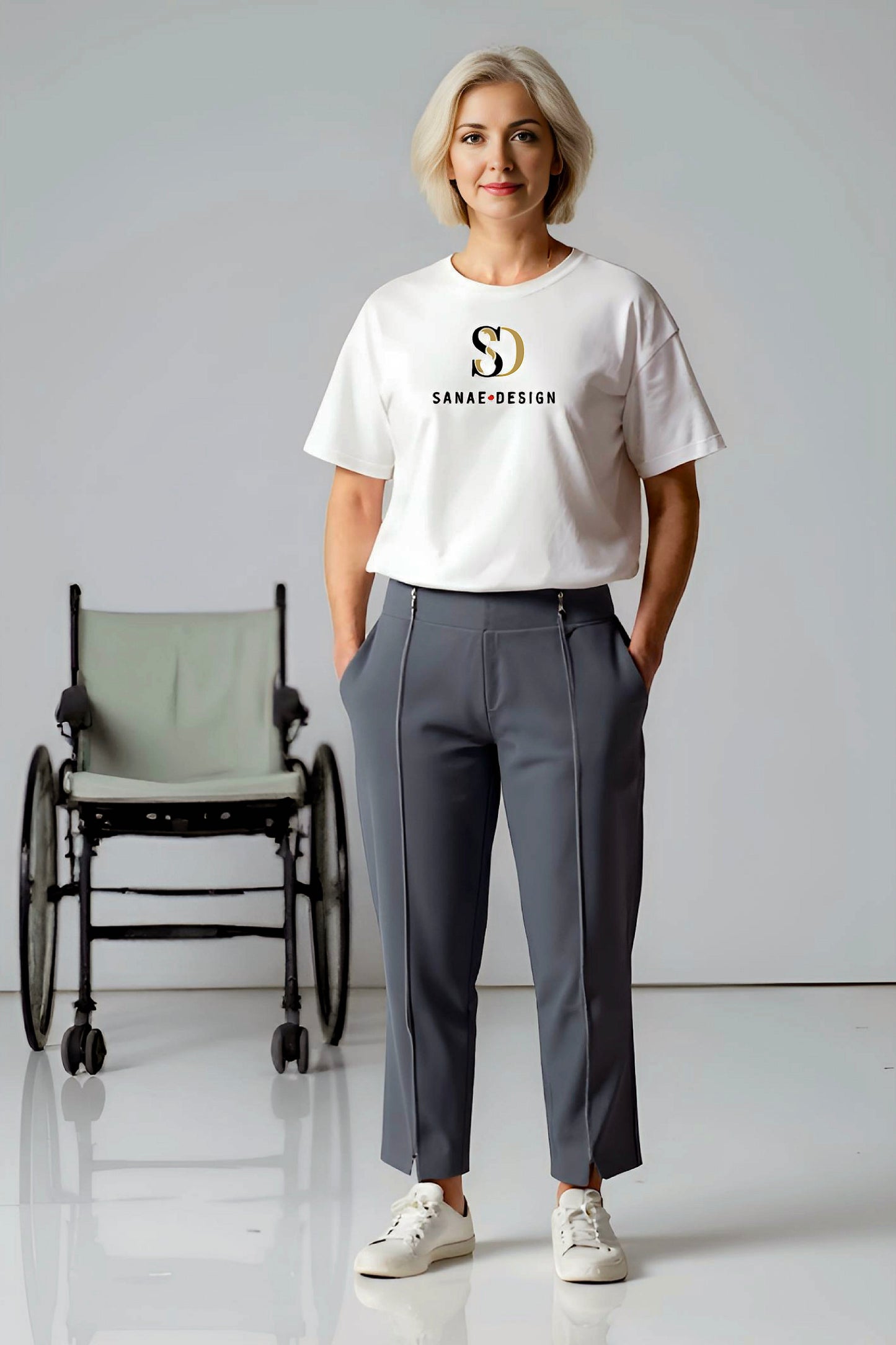 Women's Adaptive Clothing: Stretch Trousers Pant, Waist Elastic, and a Front Full Leg Zip for Easy Undressing