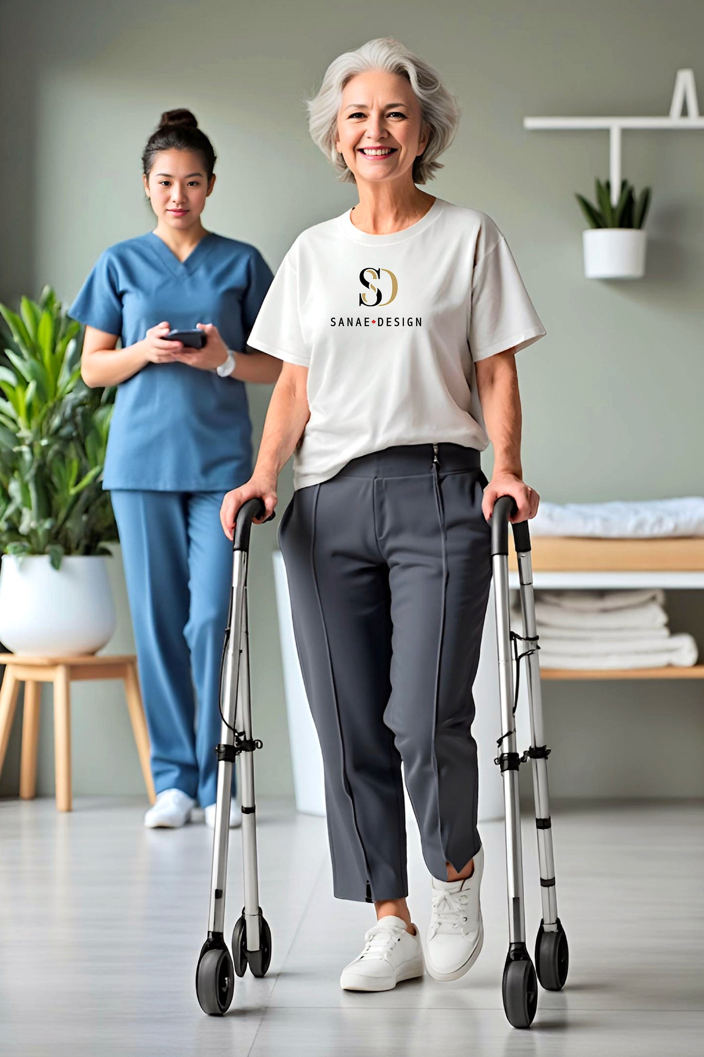 Women's Adaptive Clothing: Stretch Trousers Pant, Waist Elastic, and a Front Full Leg Zip for Easy Undressing