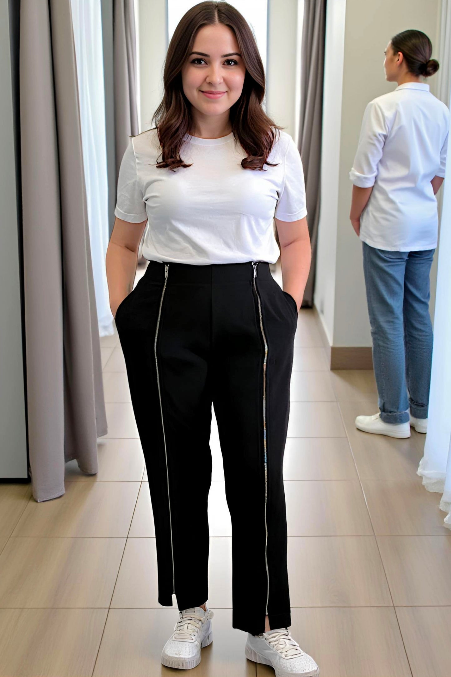 Women's Adaptive Clothing: Stretch Trousers Pant, Waist Elastic, and a Front Full Leg Zip for Easy Undressing