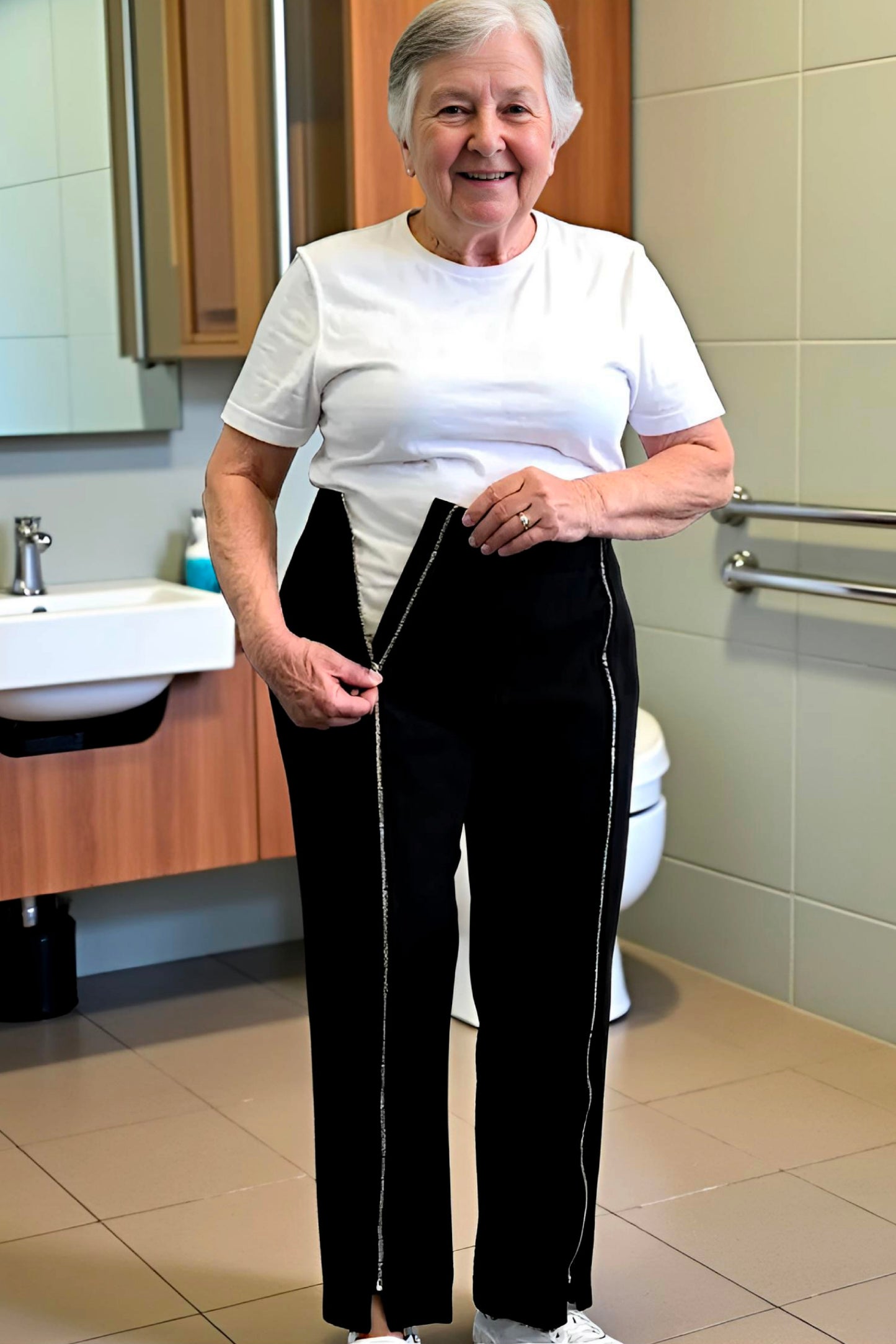 Women's Adaptive Clothing: Stretch Trousers Pant, Waist Elastic, and a Front Full Leg Zip for Easy Undressing