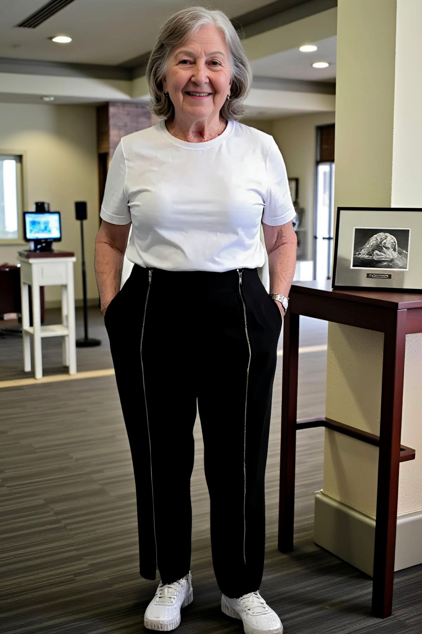 Women's Adaptive Clothing: Stretch Trousers Pant, Waist Elastic, and a Front Full Leg Zip for Easy Undressing