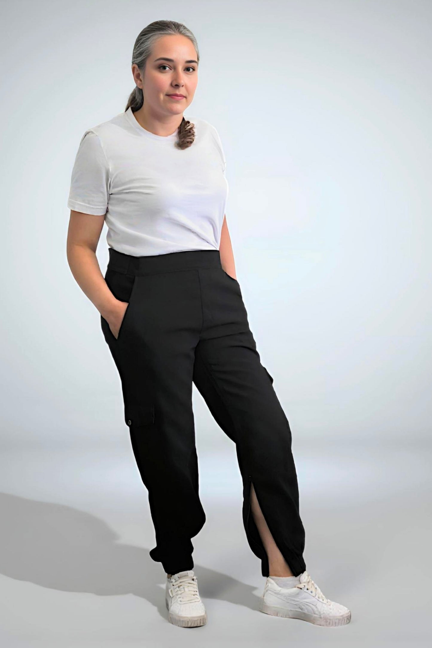 Women's Adaptive Clothing: Stretch Classic Cargo Pocket Pant, Elastic Waistband, Zipper Each Side for Easy Dressing