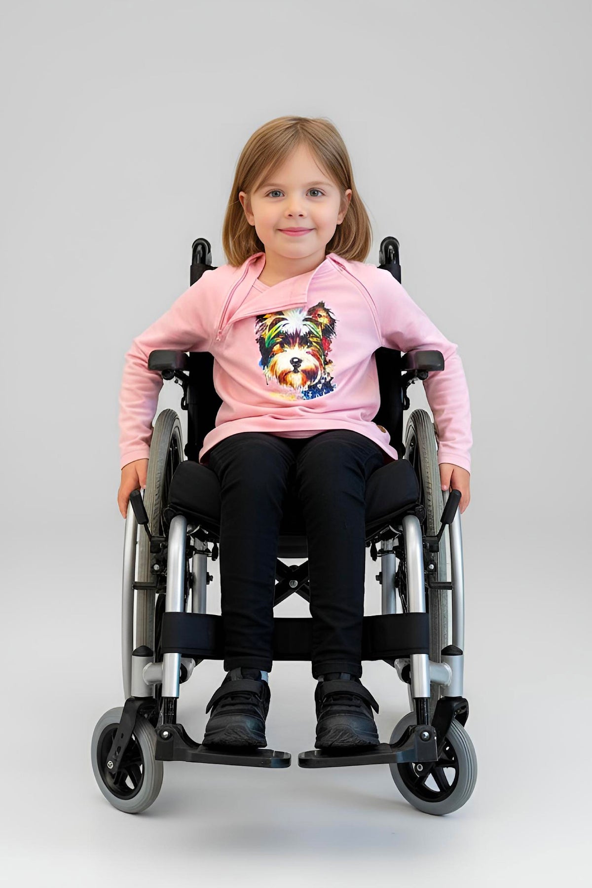 Girl's Adaptive Clothing: Daisy Dog Print Top, Long Sleeve with Medical Zipper passing Tube