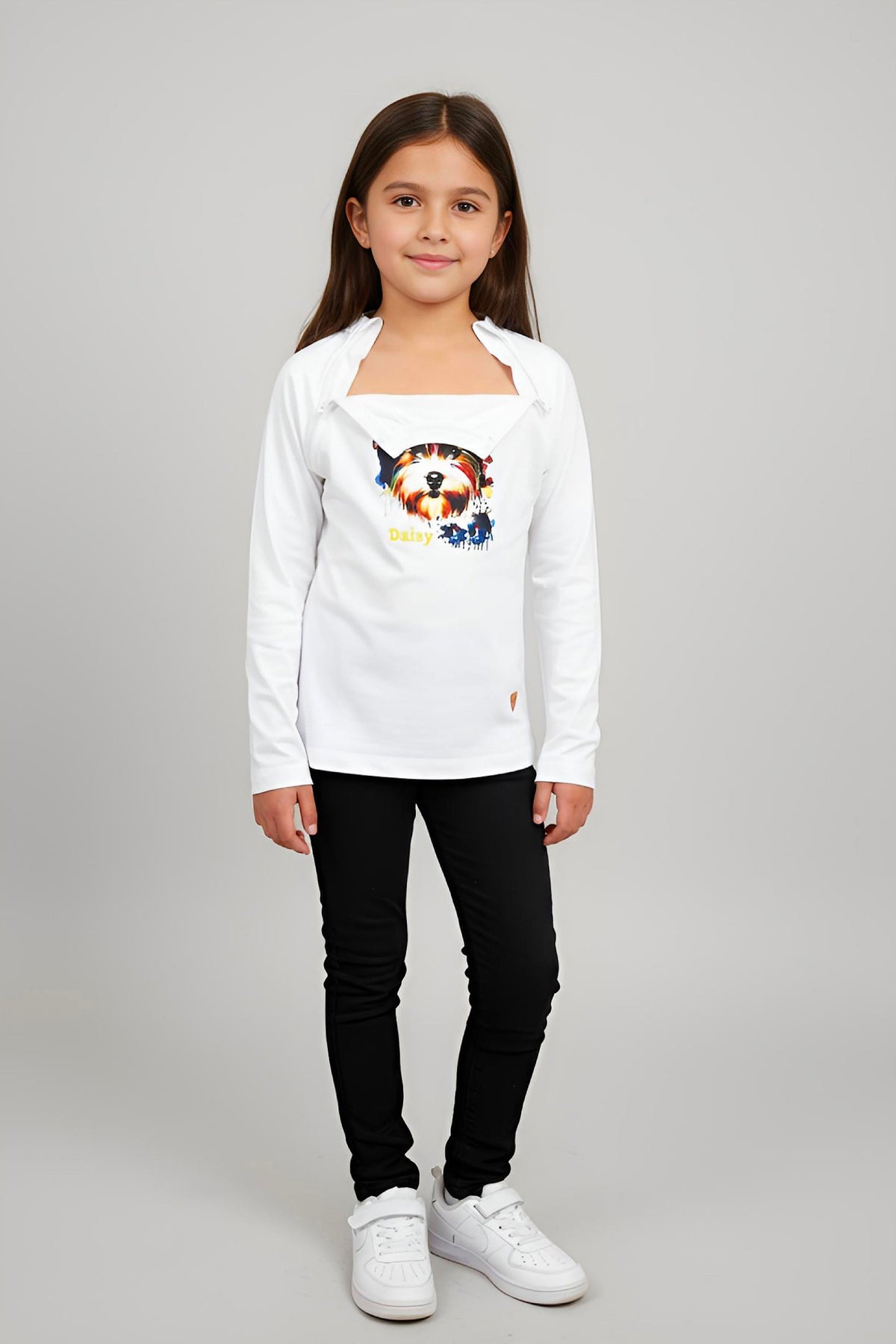 Girl's Adaptive Clothing: Daisy Dog Print Top, Long Sleeve with Medical Zipper passing Tube