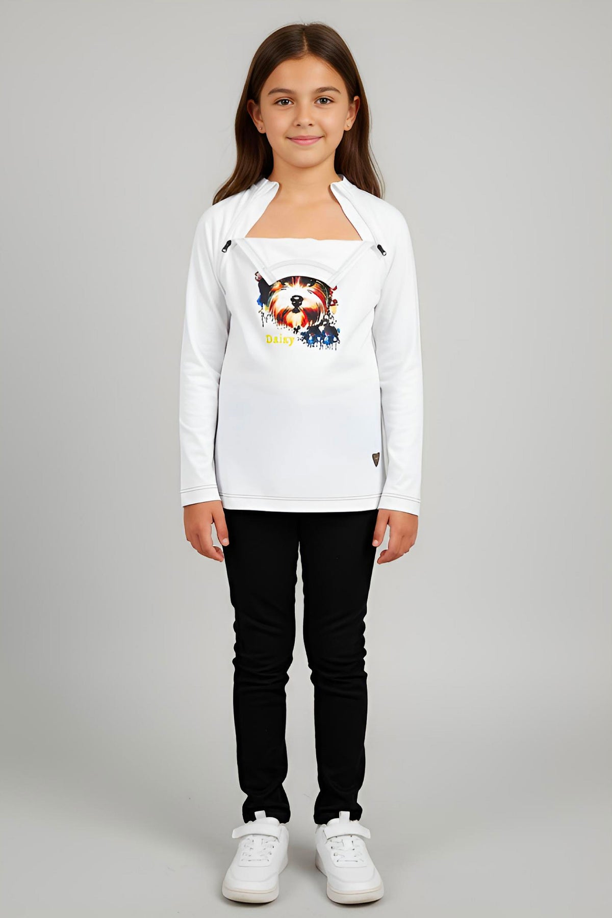 Girl's Adaptive Clothing: Daisy Dog Print Top, Long Sleeve with Medical Zipper passing Tube