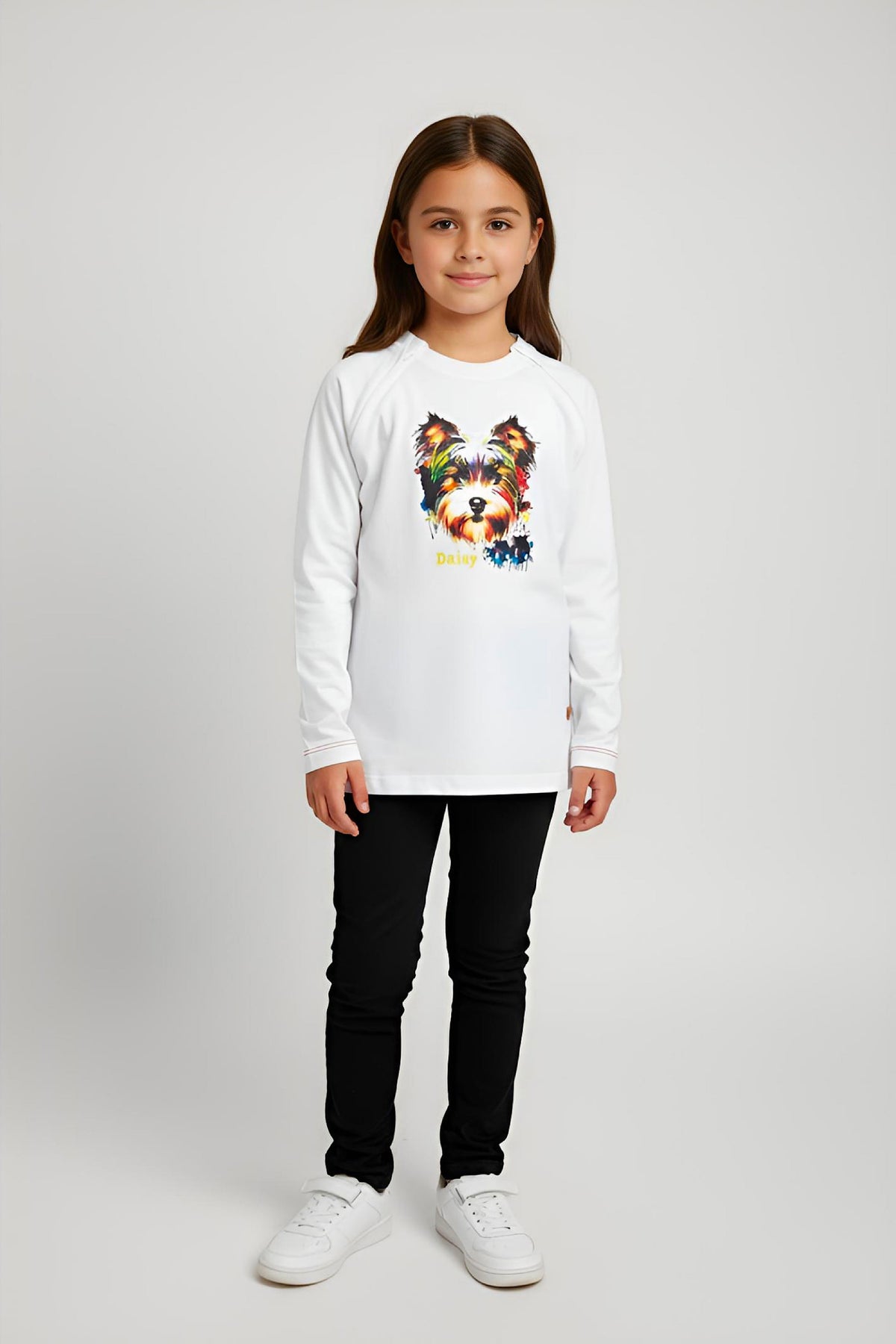 Girl's Adaptive Clothing: Daisy Dog Print Top, Long Sleeve with Medical Zipper passing Tube