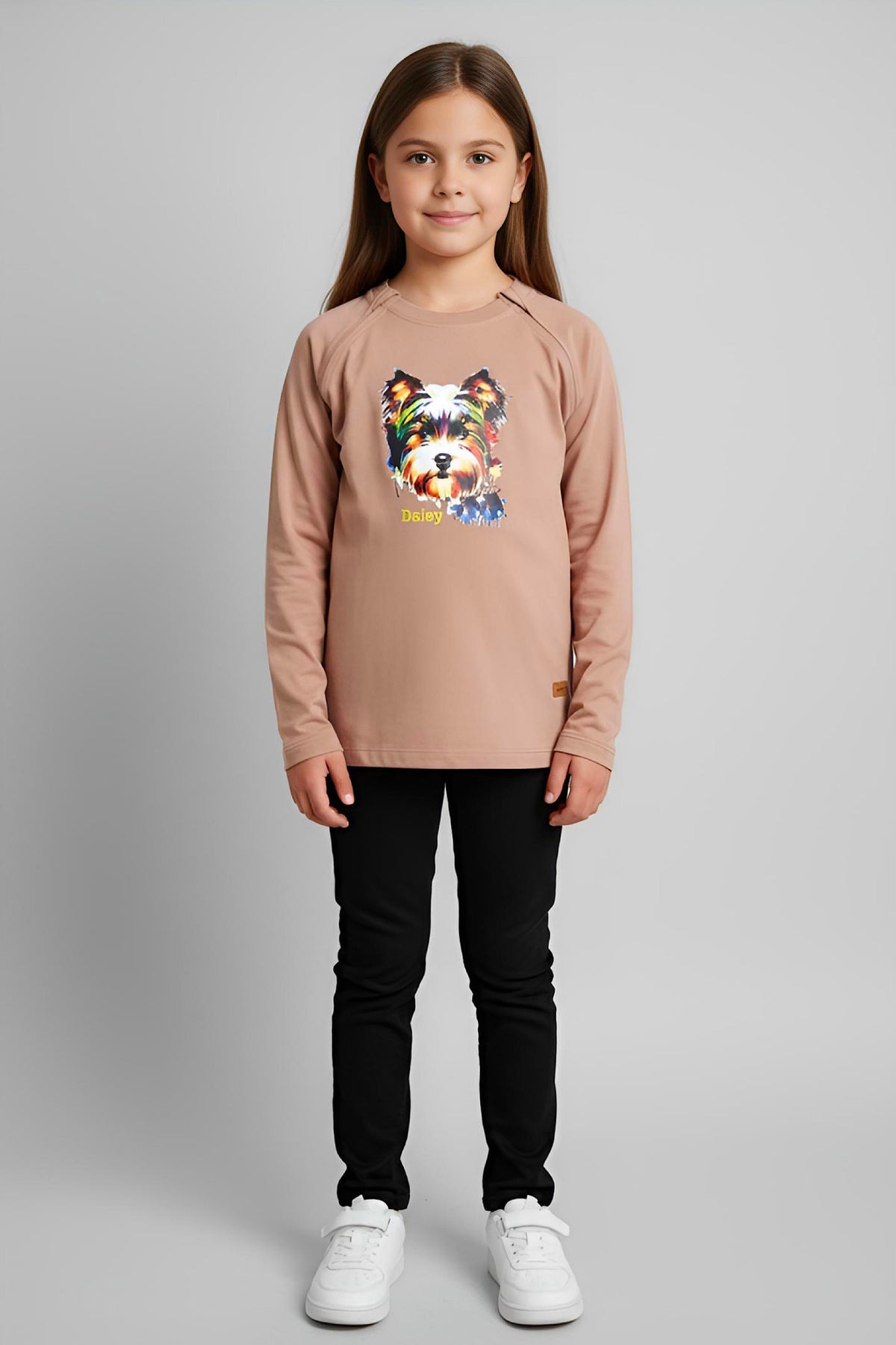 Girl's Adaptive Clothing: Daisy Dog Print Top, Long Sleeve with Medical Zipper passing Tube