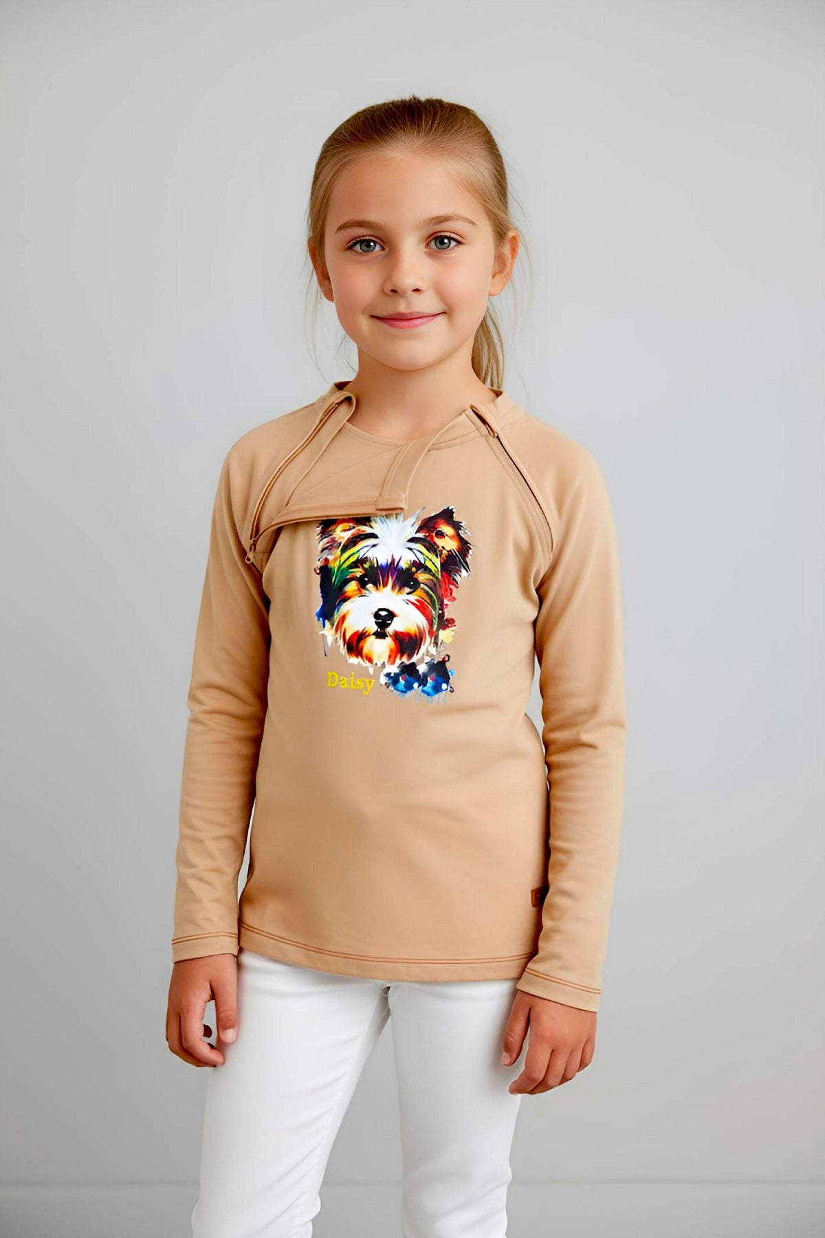 Girl's Adaptive Clothing: Daisy Dog Print Top, Long Sleeve with Medical Zipper passing Tube