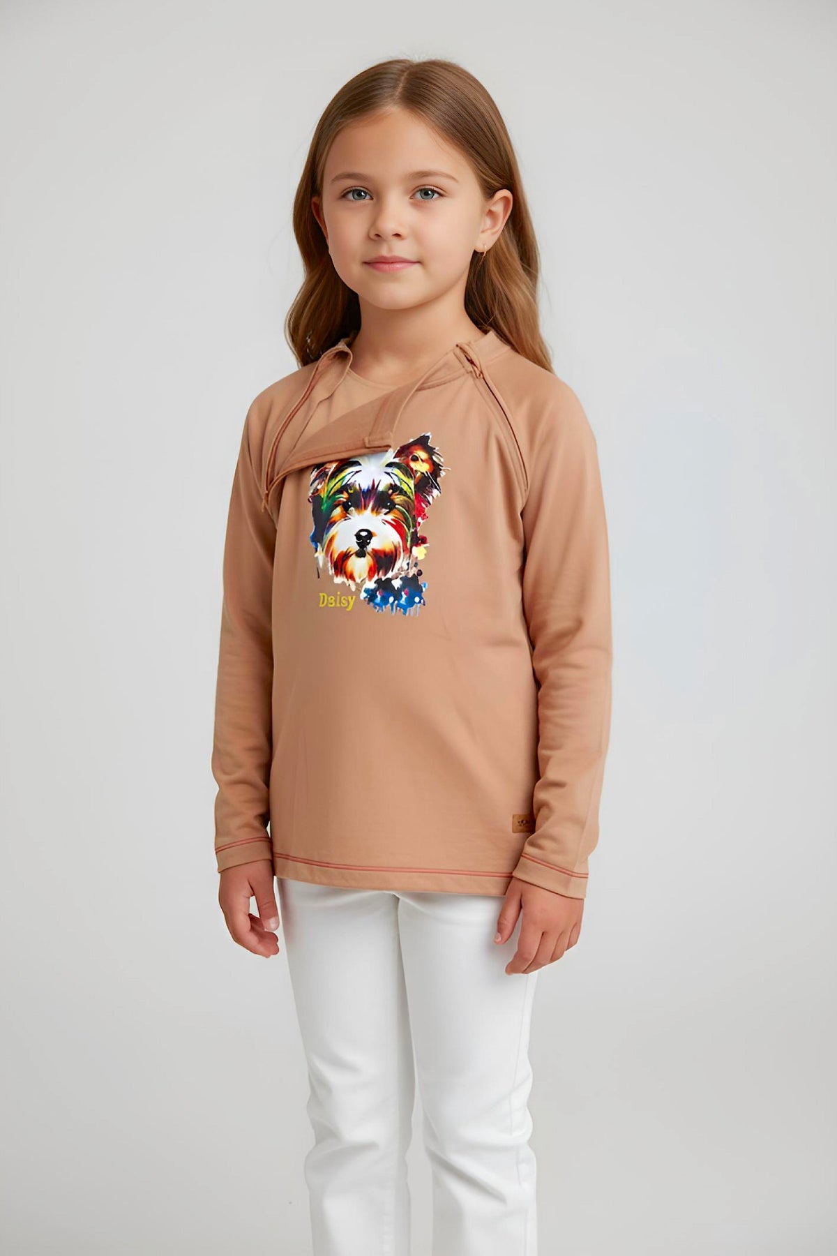 Girl's Adaptive Clothing: Daisy Dog Print Top, Long Sleeve with Medical Zipper passing Tube