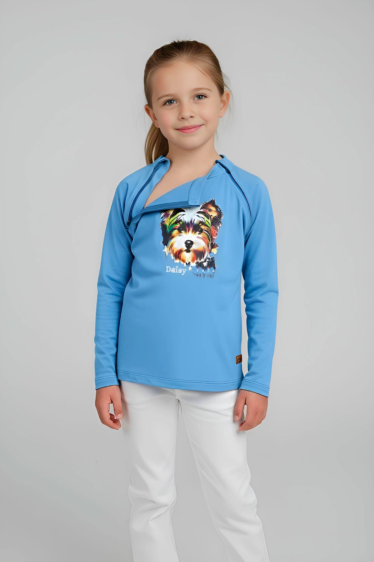 Girl's Adaptive Clothing: Daisy Dog Print Top, Long Sleeve with Medical Zipper passing Tube
