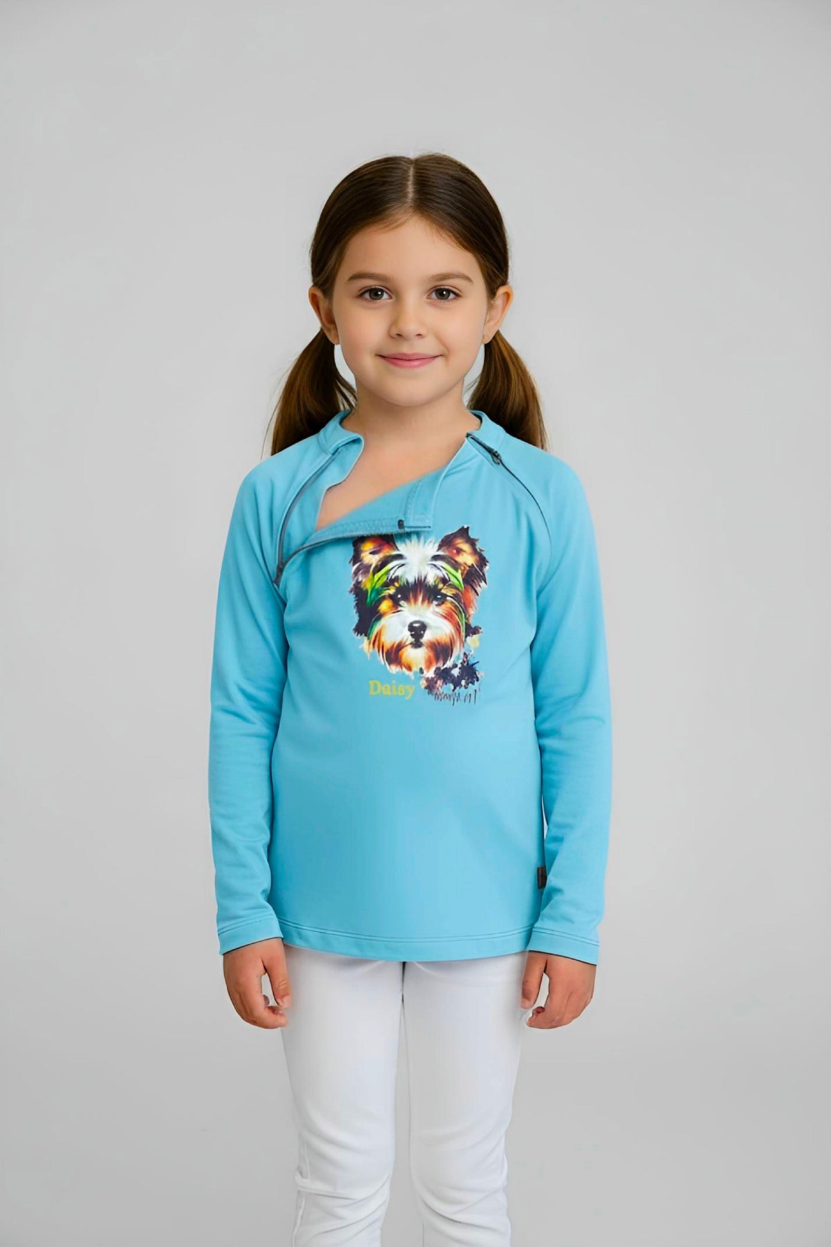 Girl's Adaptive Clothing: Daisy Dog Print Top, Long Sleeve with Medical Zipper passing Tube