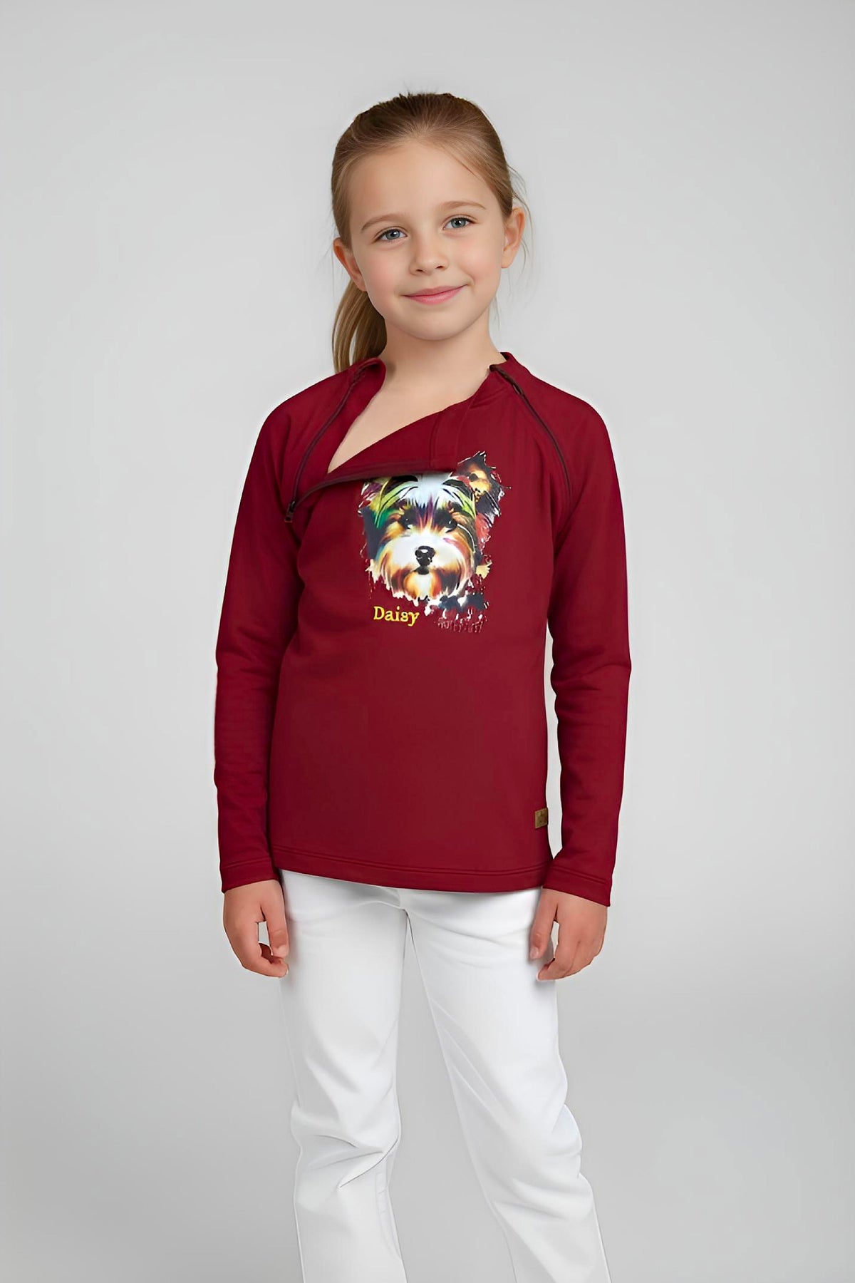 Girl's Adaptive Clothing: Daisy Dog Print Top, Long Sleeve with Medical Zipper passing Tube
