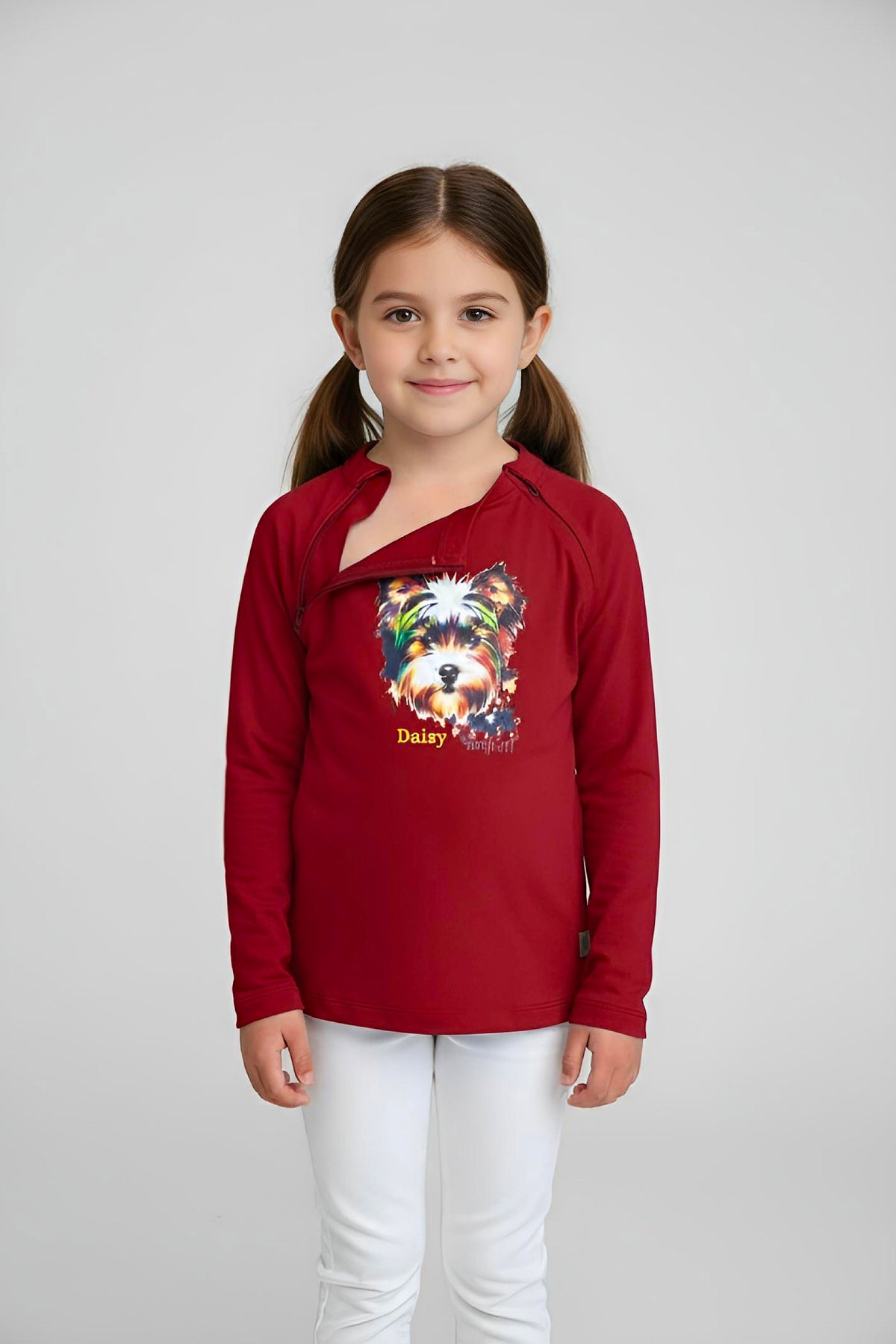 Girl's Adaptive Clothing: Daisy Dog Print Top, Long Sleeve with Medical Zipper passing Tube