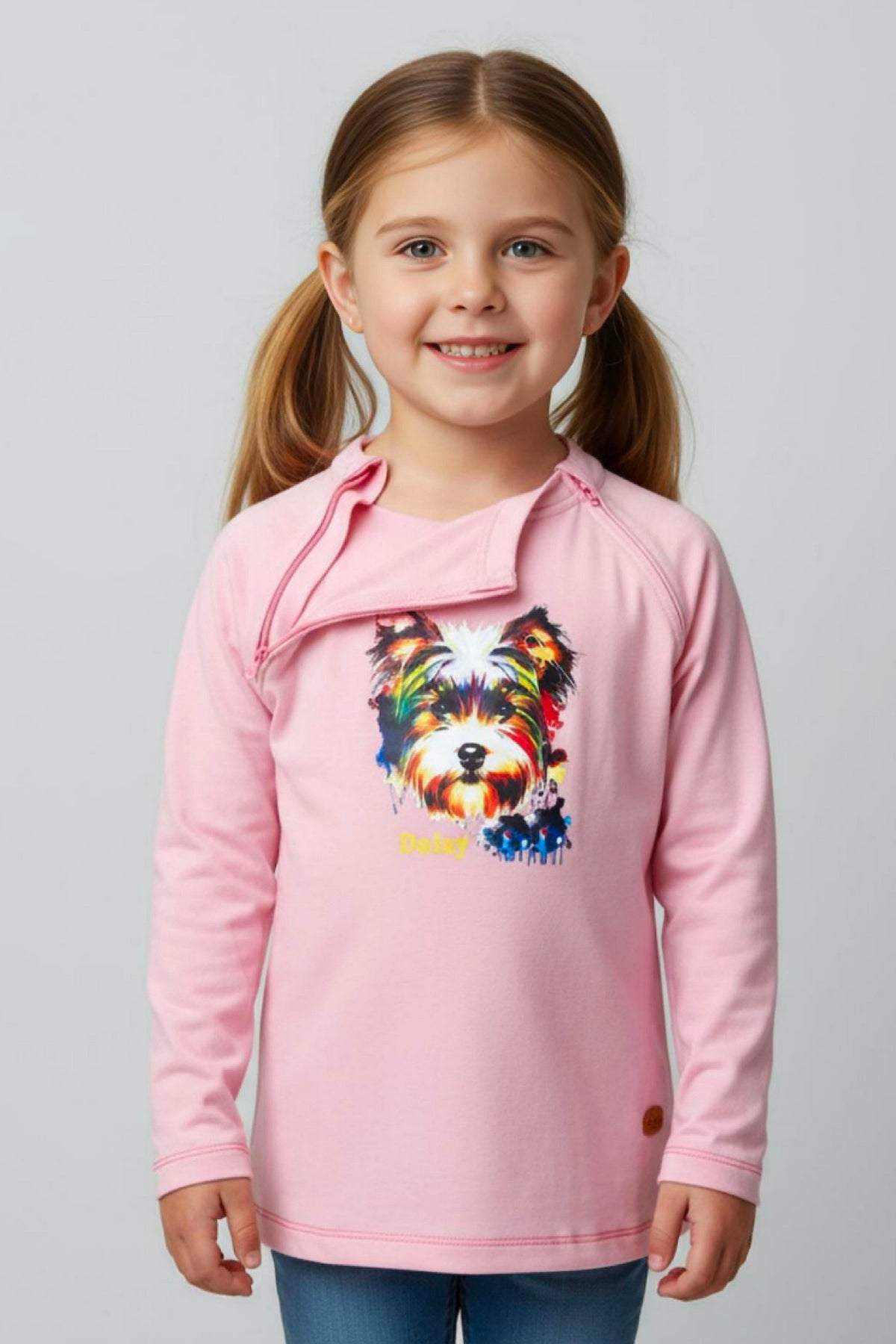 Girl's Adaptive Clothing: Daisy Dog Print Top, Long Sleeve with Medical Zipper passing Tube