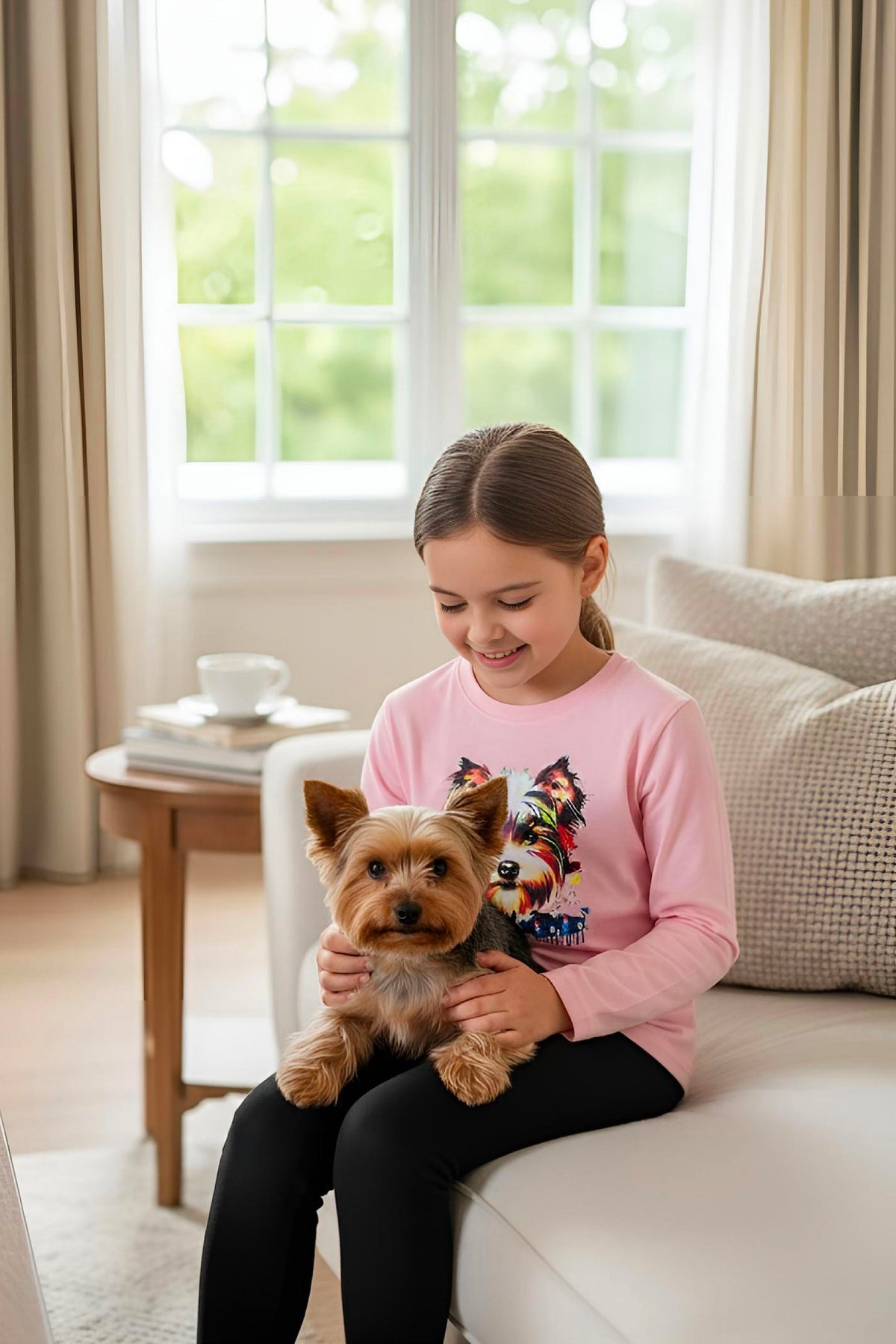 Girl's Adaptive Clothing: Daisy Dog Print Top, Long Sleeve with Medical Zipper passing Tube