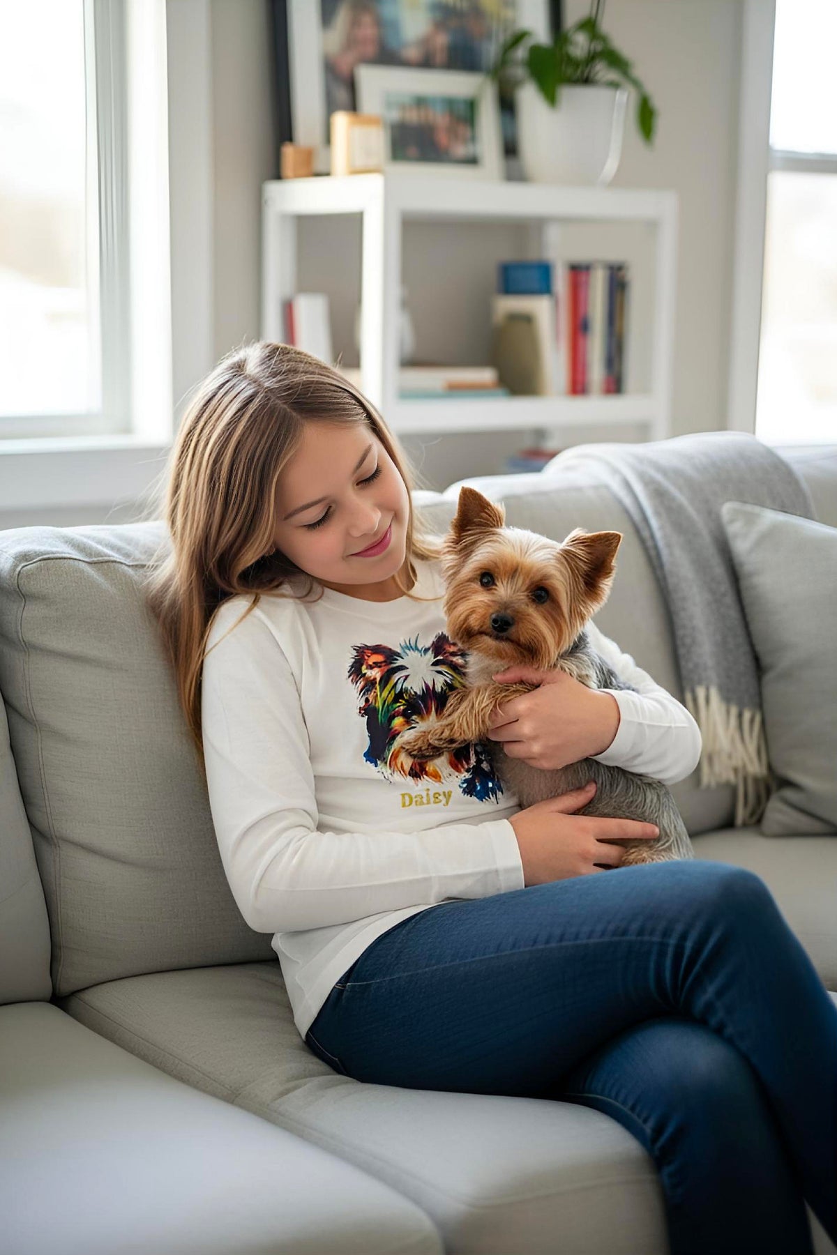 Girl's Adaptive Clothing: Daisy Dog Print Top, Long Sleeve with Medical Zipper passing Tube
