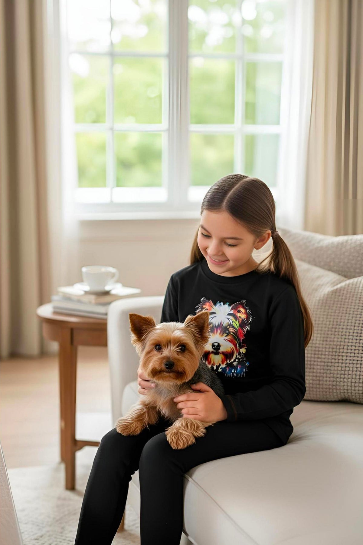 Girl's Adaptive Clothing: Daisy Dog Print Top, Long Sleeve with Medical Zipper passing Tube