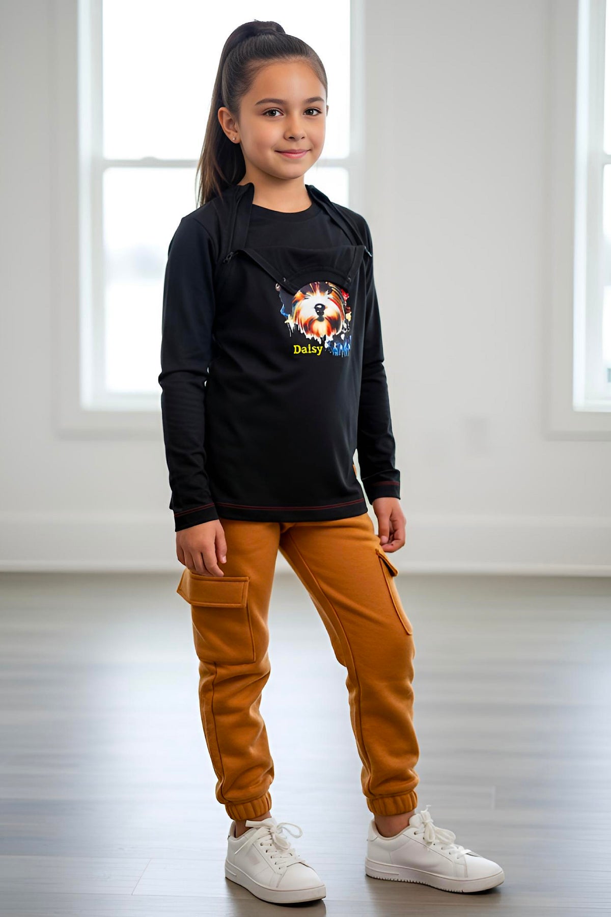 Girl's Adaptive Clothing: Daisy Dog Print Top, Long Sleeve with Medical Zipper passing Tube