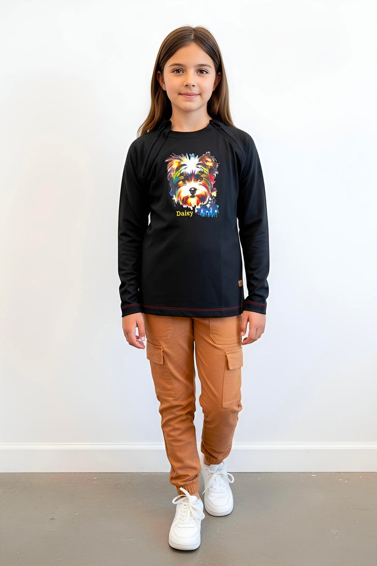 Girl's Adaptive Clothing: Daisy Dog Print Top, Long Sleeve with Medical Zipper passing Tube