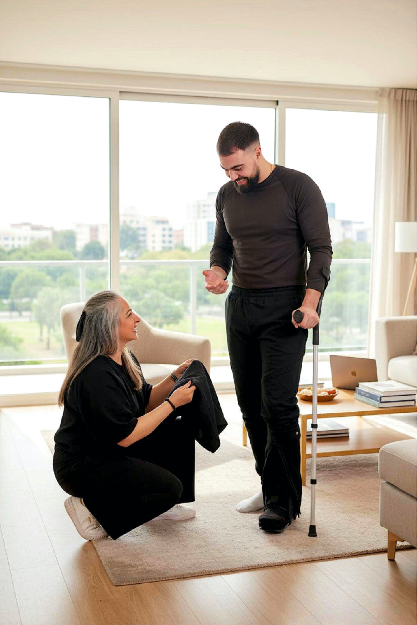 Men's Adaptive Clothing Woven Jogger Pants, Full Waistband Ribbed with Elastic and a Strip, Easy Zipper, Both at the Top and Bottom