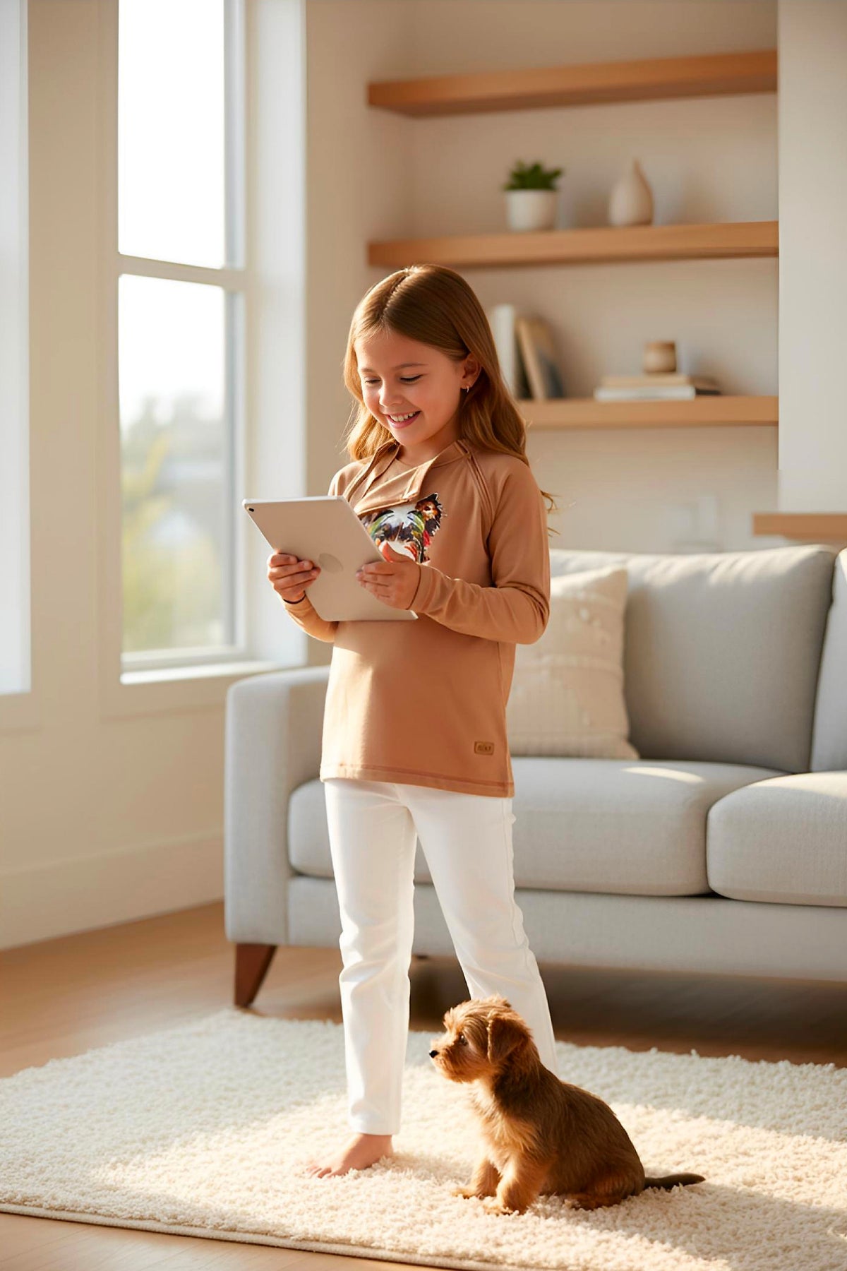 Girl's Adaptive Clothing: Daisy Dog Print Top, Long Sleeve with Medical Zipper passing Tube