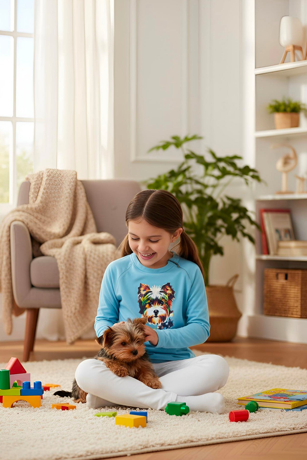 Girl's Adaptive Clothing: Daisy Dog Print Top, Long Sleeve with Medical Zipper passing Tube