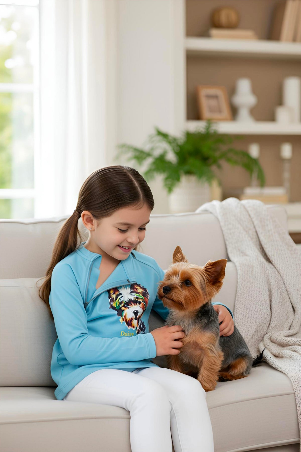Girl's Adaptive Clothing: Daisy Dog Print Top, Long Sleeve with Medical Zipper passing Tube
