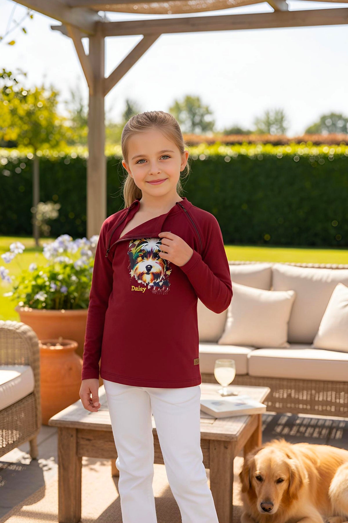 Girl's Adaptive Clothing: Daisy Dog Print Top, Long Sleeve with Medical Zipper passing Tube