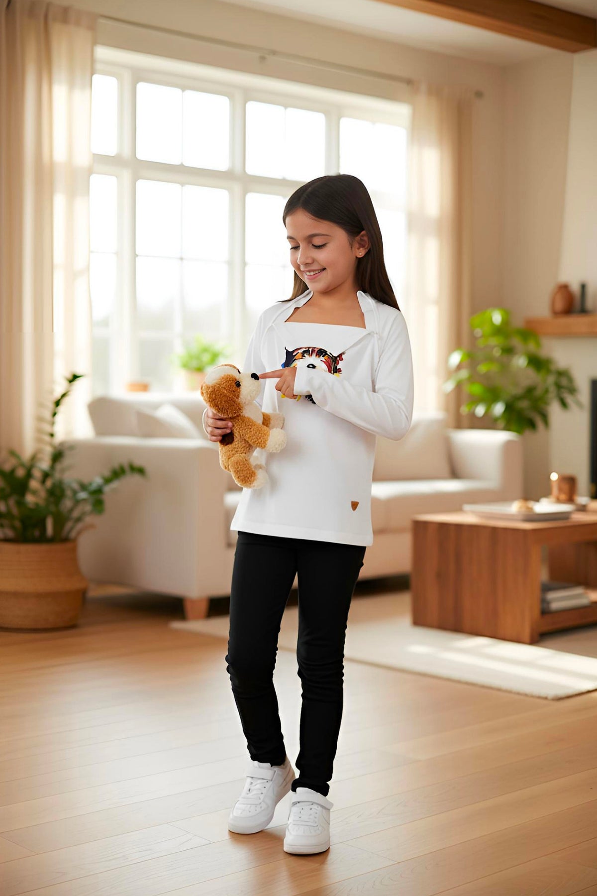 Girl's Adaptive Clothing: Daisy Dog Print Top, Long Sleeve with Medical Zipper passing Tube