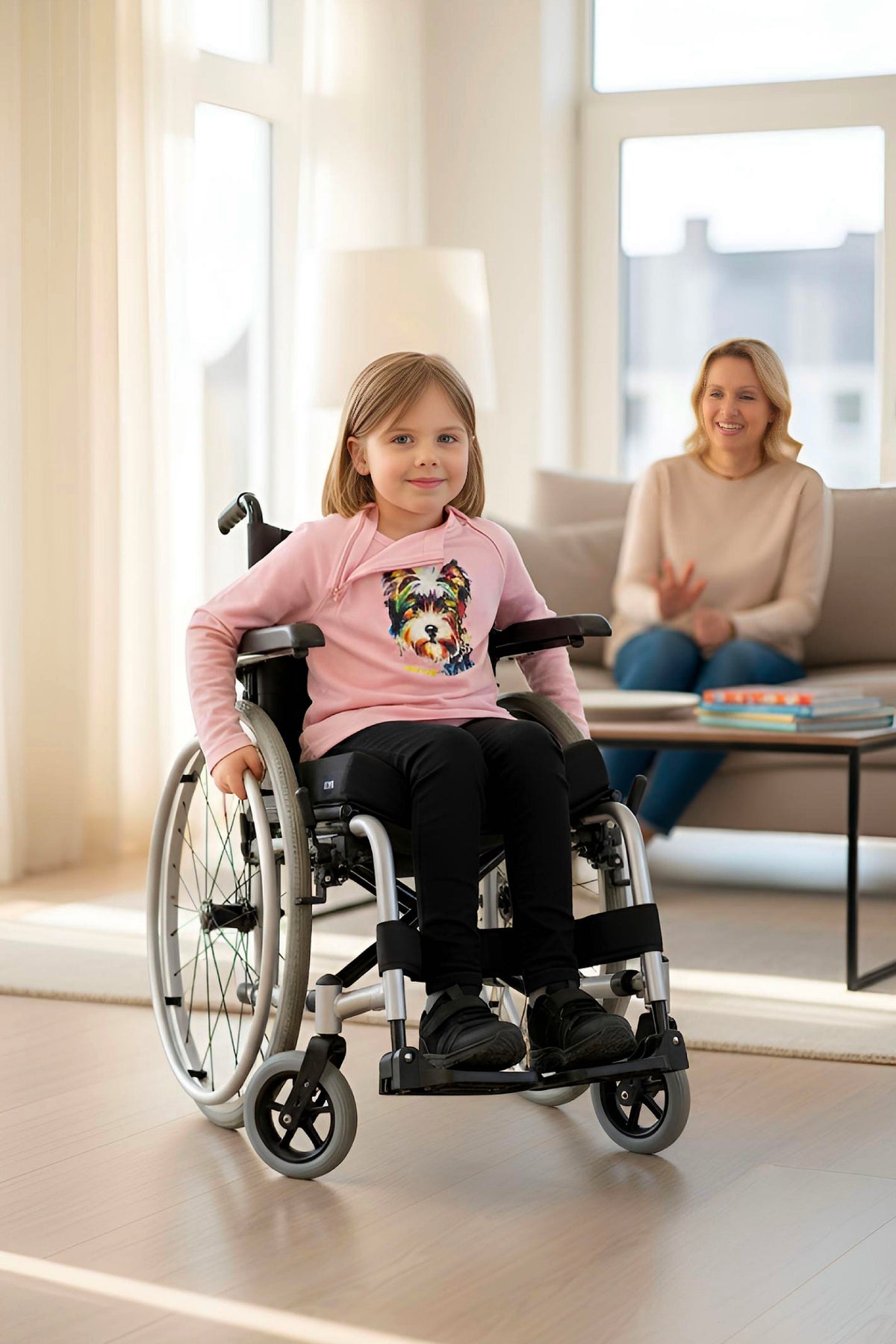Girl's Adaptive Clothing: Daisy Dog Print Top, Long Sleeve with Medical Zipper passing Tube
