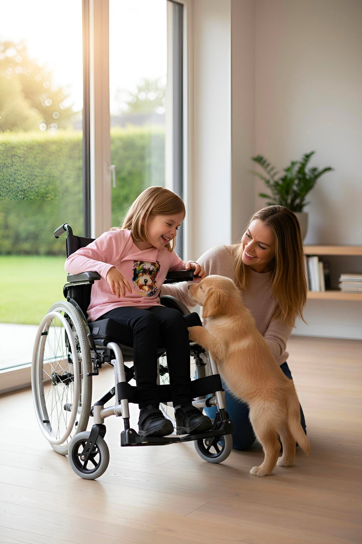 Girl's Adaptive Clothing: Daisy Dog Print Top, Long Sleeve with Medical Zipper passing Tube