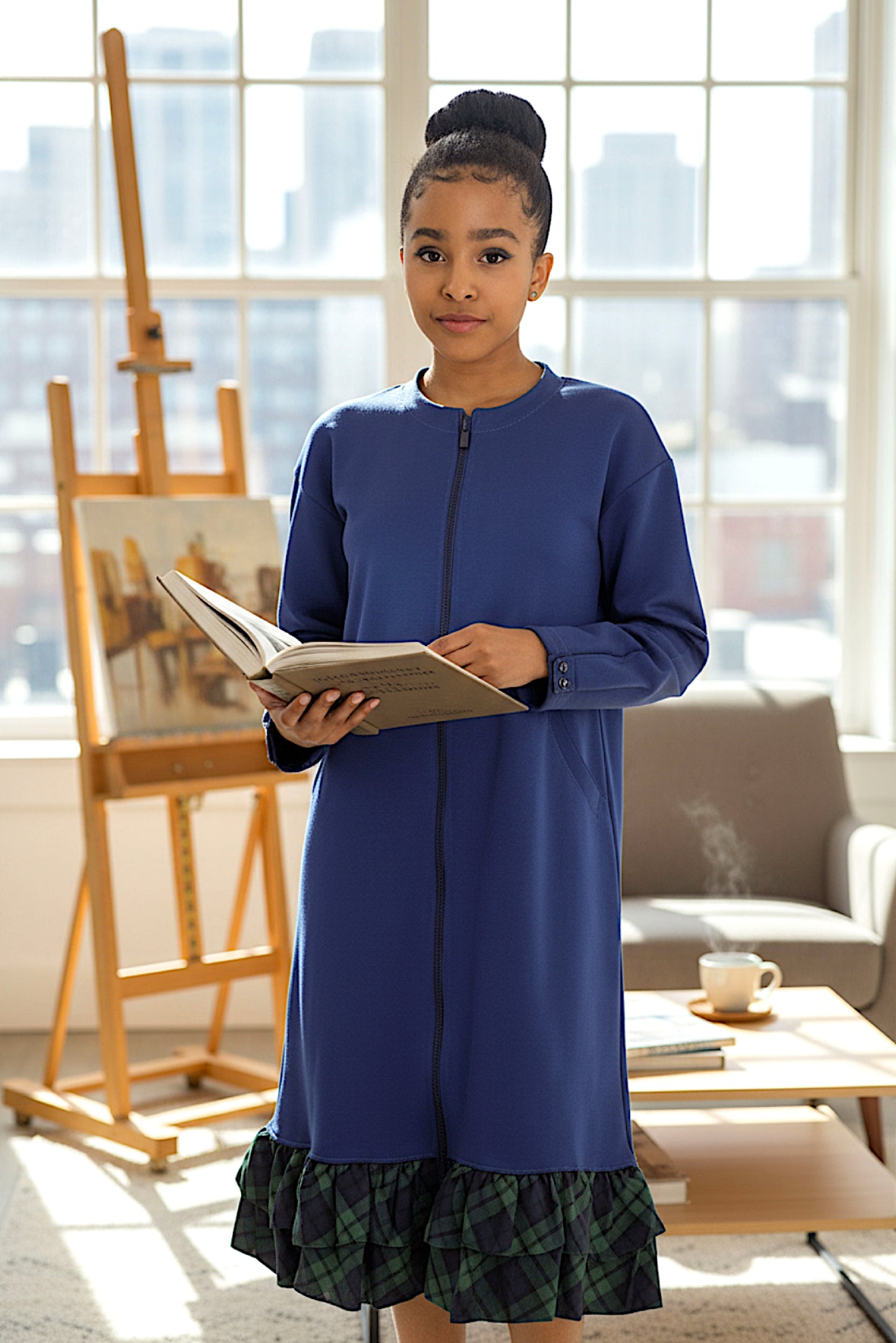 Adaptive Kids Dolman Sweatshirt Dress with full Zipper & Contrast Frills