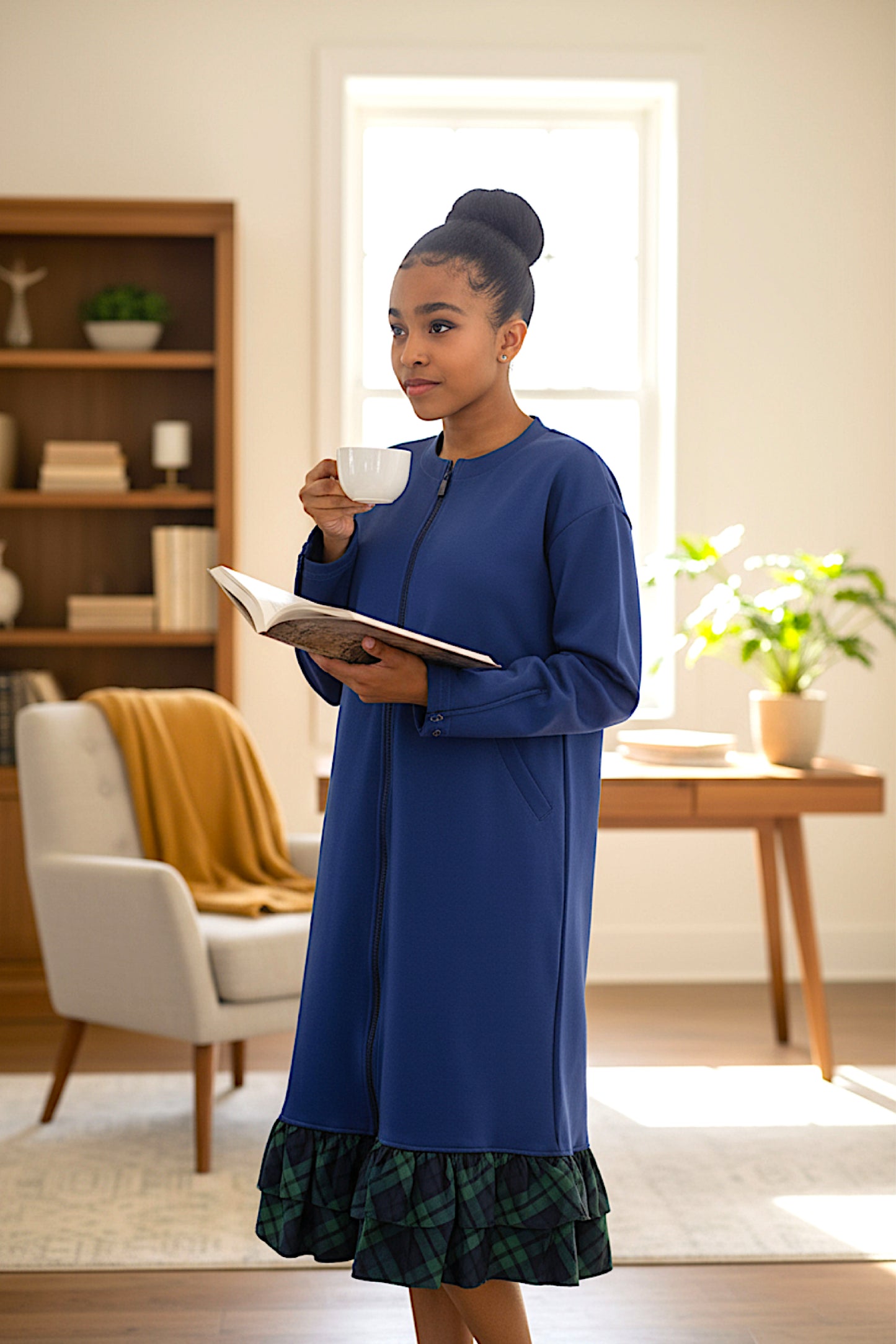 Adaptive Kids Dolman Sweatshirt Dress with full Zipper & Contrast Frills