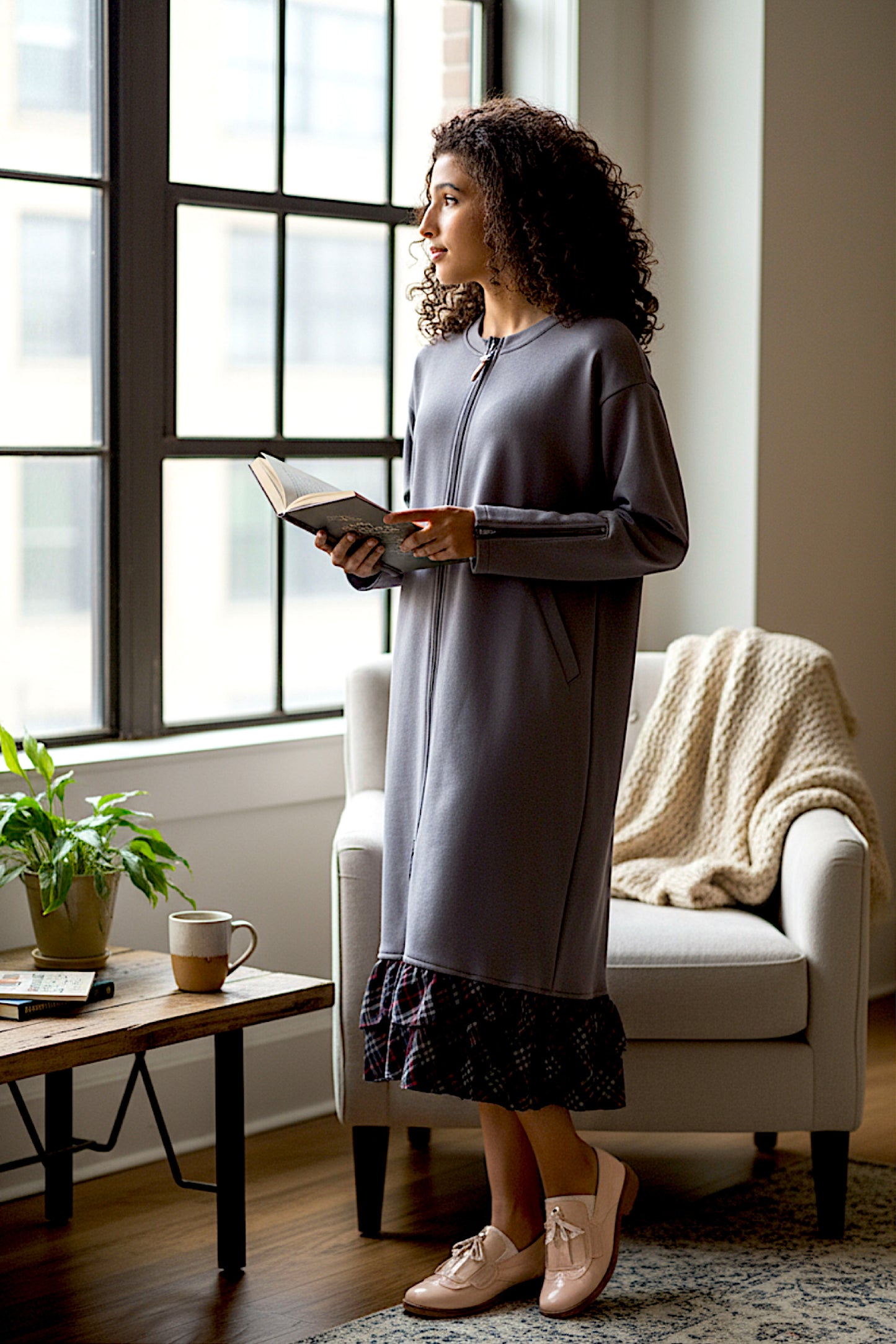 Adaptive Kids Dolman Sweatshirt Dress with full Zipper & Contrast Frills