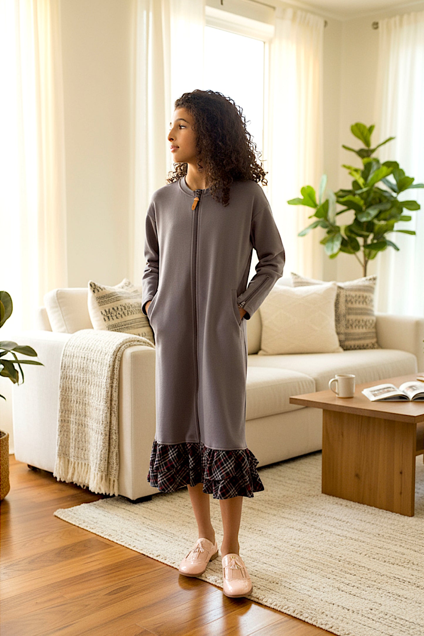 Adaptive Kids Dolman Sweatshirt Dress with full Zipper & Contrast Frills