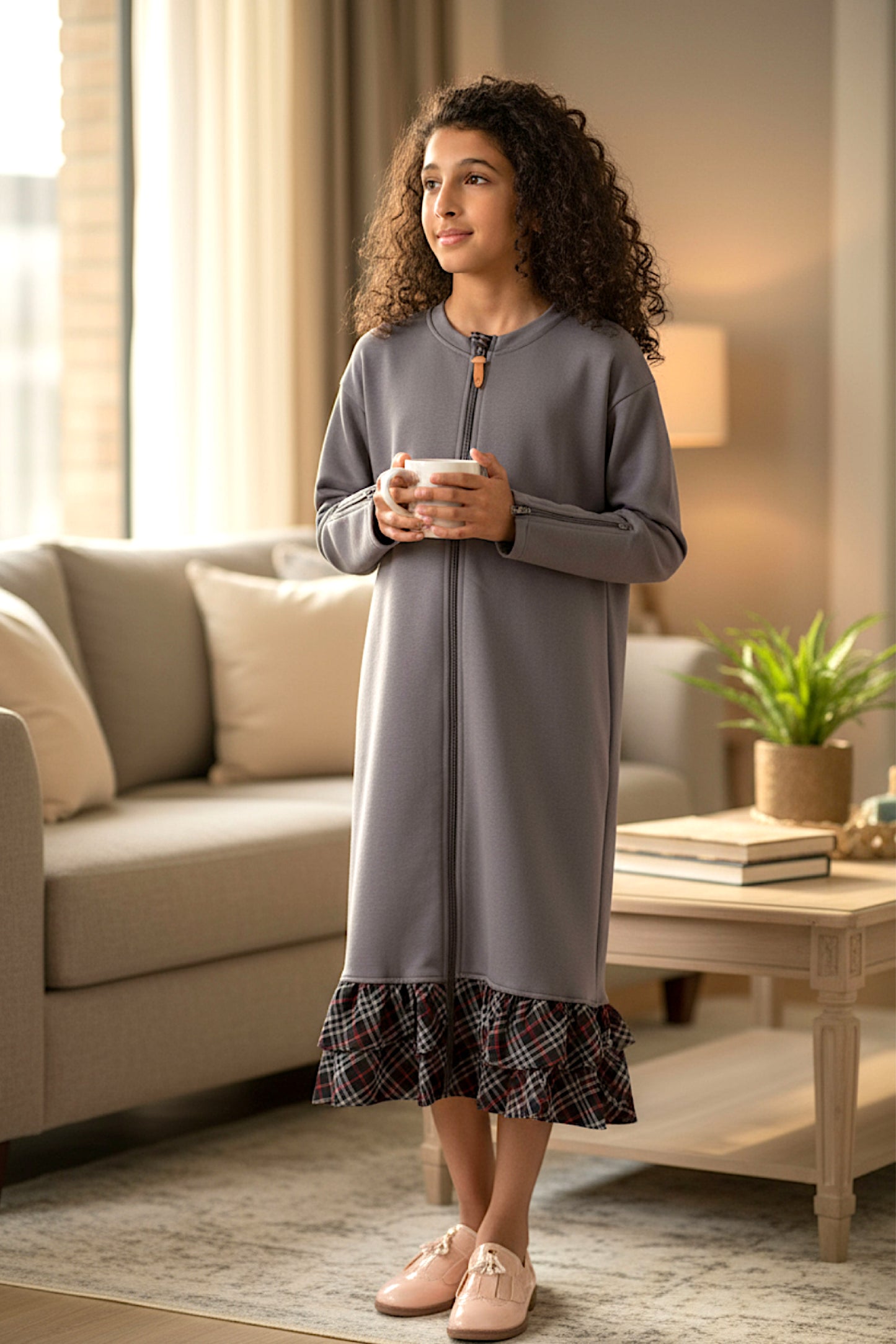 Adaptive Kids Dolman Sweatshirt Dress with full Zipper & Contrast Frills