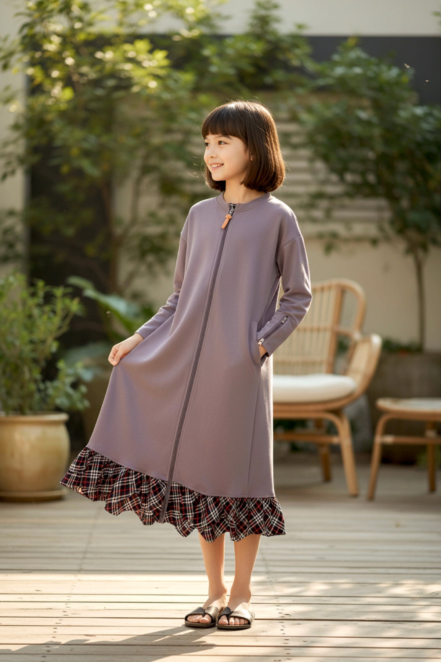 Adaptive Kids Dolman Sweatshirt Dress with full Zipper & Contrast Frills